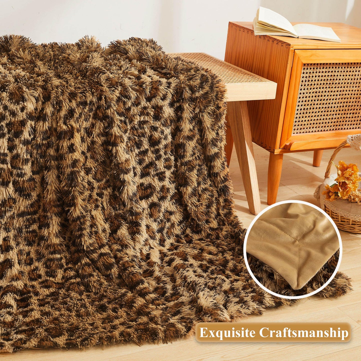XeGe Luxury Faux Fur Leopard Print Throw, Soft 50x60 Cheetah Print Fluffy Blanket, Wild Shaggy Plush Decorative Couch Throw, Cute Furry Fuzzy Animal Print Blanket for Sofa Bed, Brown