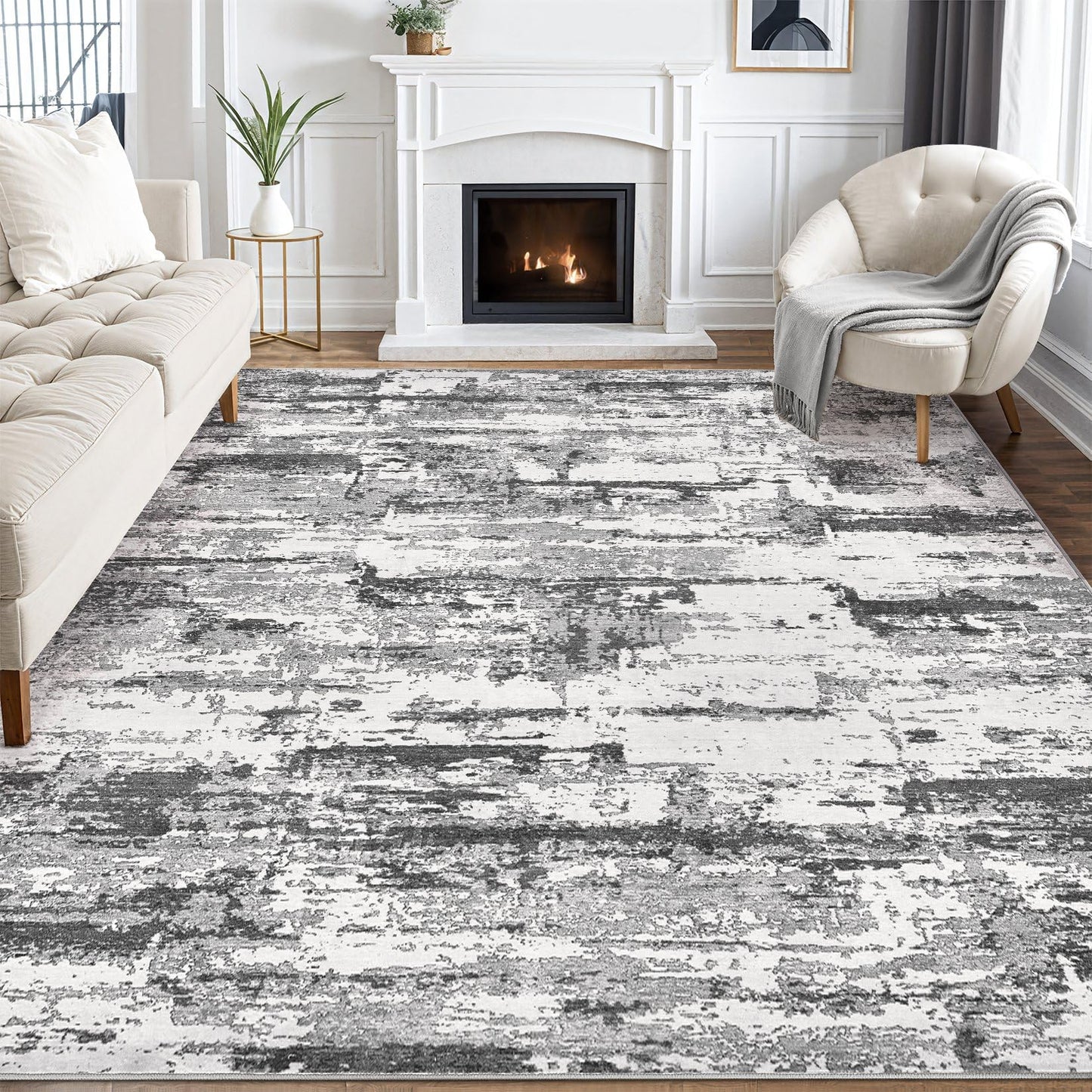 Area Rugs for Living Room: 5x7 Abstract Washable Rug Modern Neutral Large Soft Stain Resistant Non-Slip Backing Machine Table for Bedroom Dining Room Indoor Home Office Carpet - Black Grey
