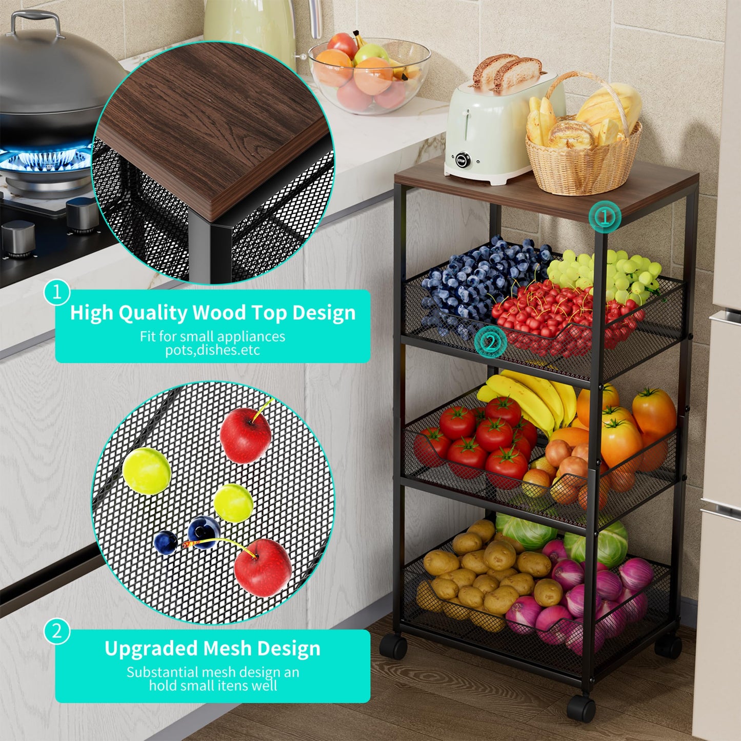HapiRm Fruit Basket Kitchen Cart - 4-Tier Rolling Storage Cart with Wheels, Fruit Vegetable Basket with Wood Top, Pantry Utility Kitchen Organizer for Fruit Potato Onion Vegetable Bread Snack