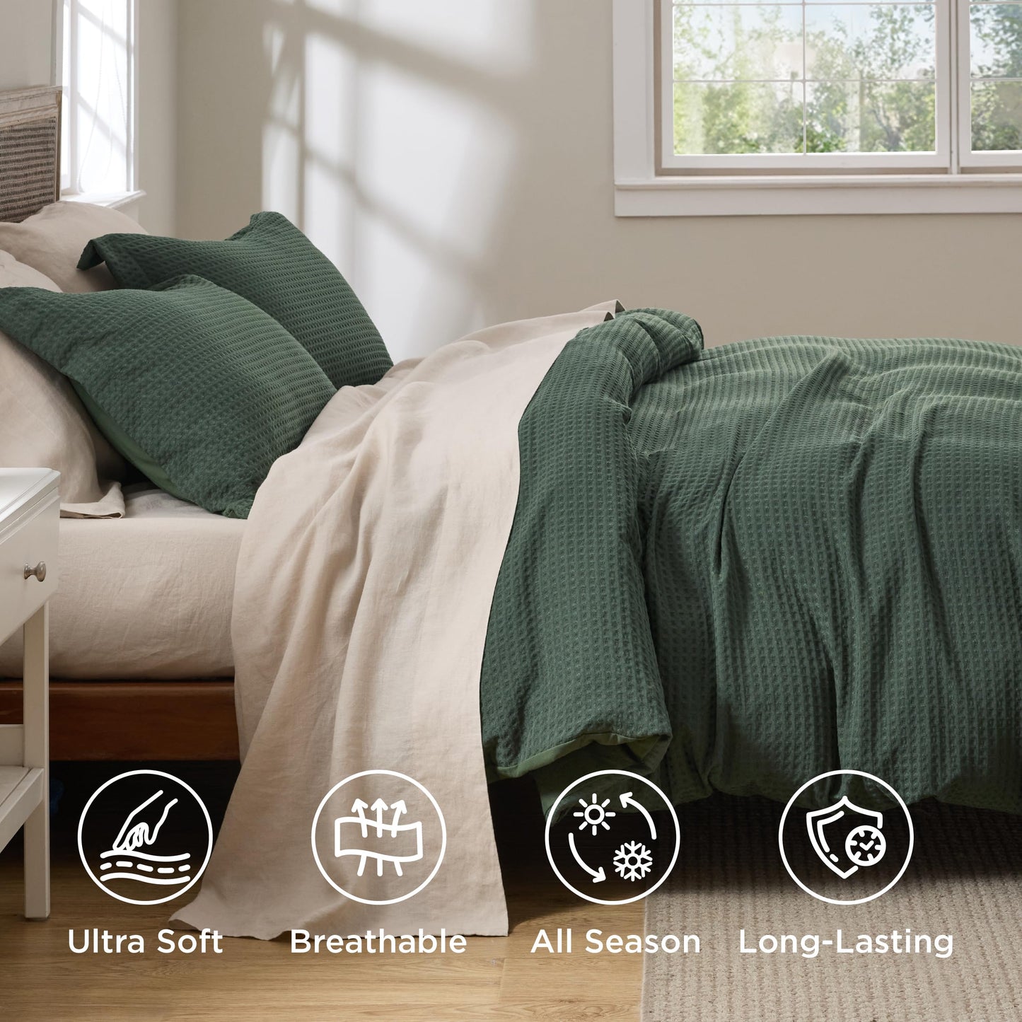 Bedsure Luxury Waffle Duvet Cover Queen Size - Textured Duvet Cover Set, Soft, Breathable Bedding Set (90"x90") with 2 Pillow Shams for All Season, Dark Green, Comforter Not Included