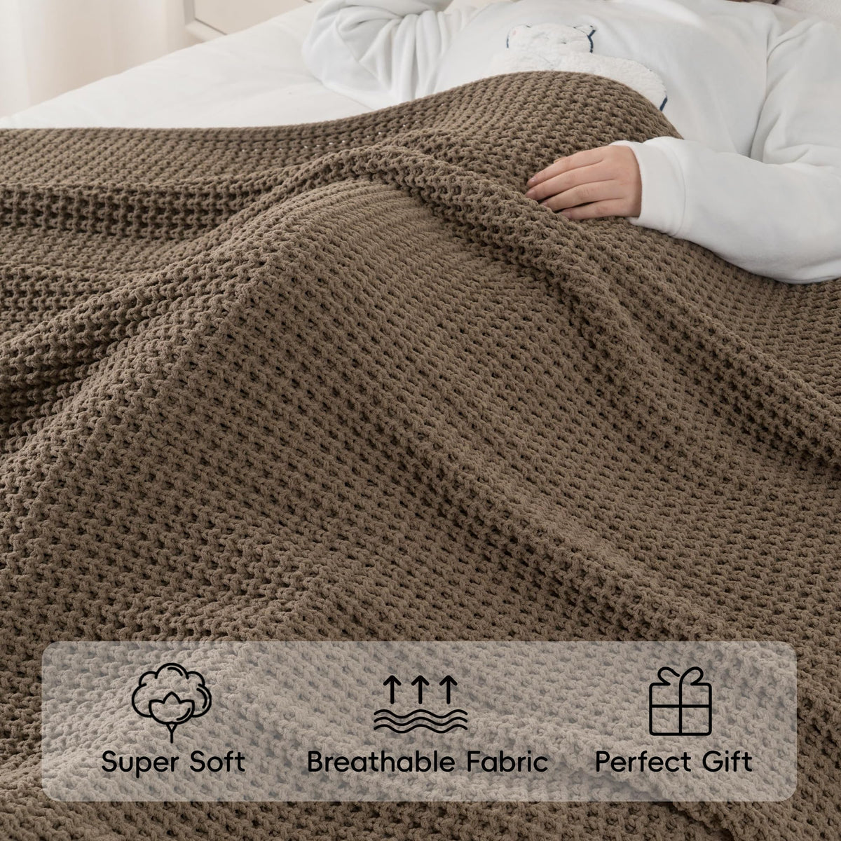 Bunnikins & Clover Knitted Waffle Throw Blanket 50x60 Inches, Camel Tan Throw Blanket for Couch, Tan Blanket Fluffy Cozy Knit Soft Throws for Women Mothers Birthday Gifts