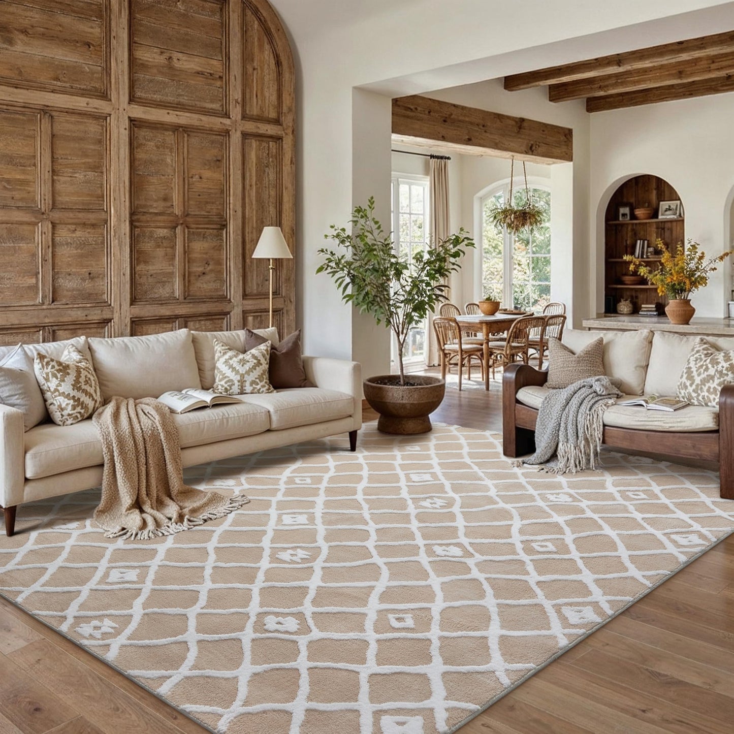 PureCozy 6x9 Beige Area Rug for Living Room Washable Moroccan Rug Non Slip Soft Bedroom Neutral Shag Checkered Carpet Boho Modern Plush Pile Dining Room Office Playroom Nursery