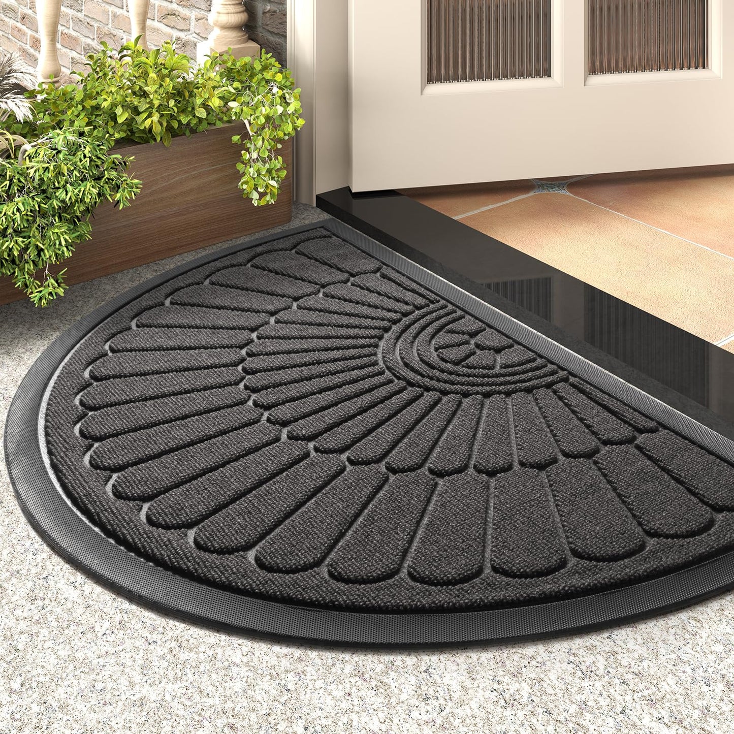 Front Door Mat Outdoor Indoor Welcome Mat-Semicircular 60X90CM Non Slip Heavy Duty Rubber Doormat-Absorbent Entryway Rug Entrance Doormat Entry Rug Dirt Scraping Shoe Mat Grey