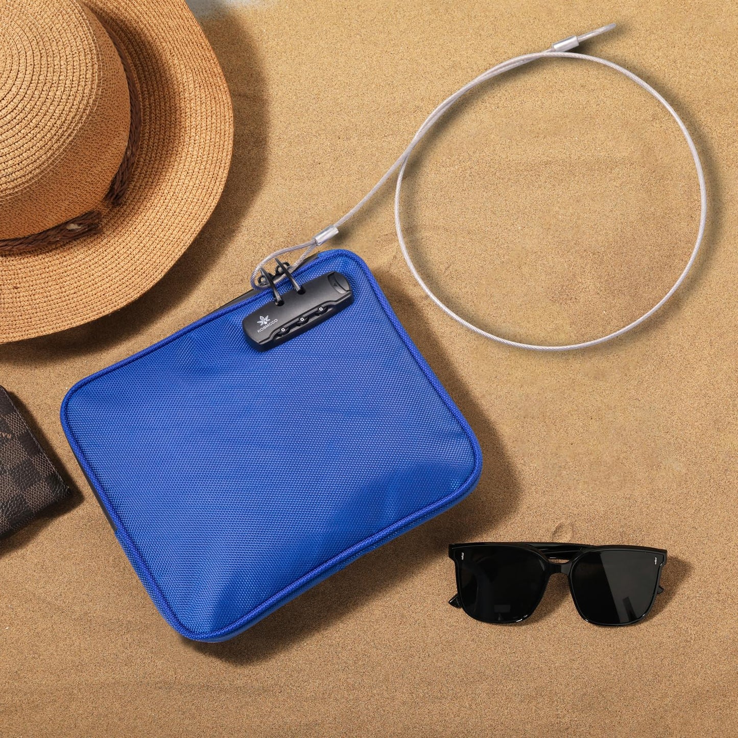 KOSMCCO Beach Locking Bag, 9x7.5 Inch Portable Safe for Phone, Wallet, Keys | Anti-Theft Locking Travel Pouch for Pool, Vacation (Blue)