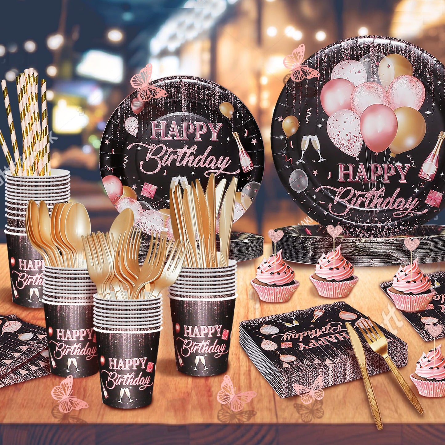 210 Pcs Birthday Party Decorations for Woman Girl, Rose Gold Party Decorations, Happy Birthday Decorations - Balloon Stand Kit, Banner, Tassel Curtain,Crown,Tableware Kit For 12 Guests