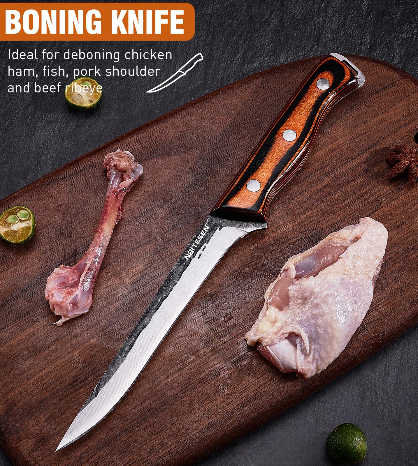 Naitesen 4PCS Hand Forged Butcher Knife Set, Heavy Duty Meat Cleaver Serbian Kitchen Chef Knife Breaking Knife Boning Knife for Meat Cutting Home Kitchen Cooking Camping BBQ