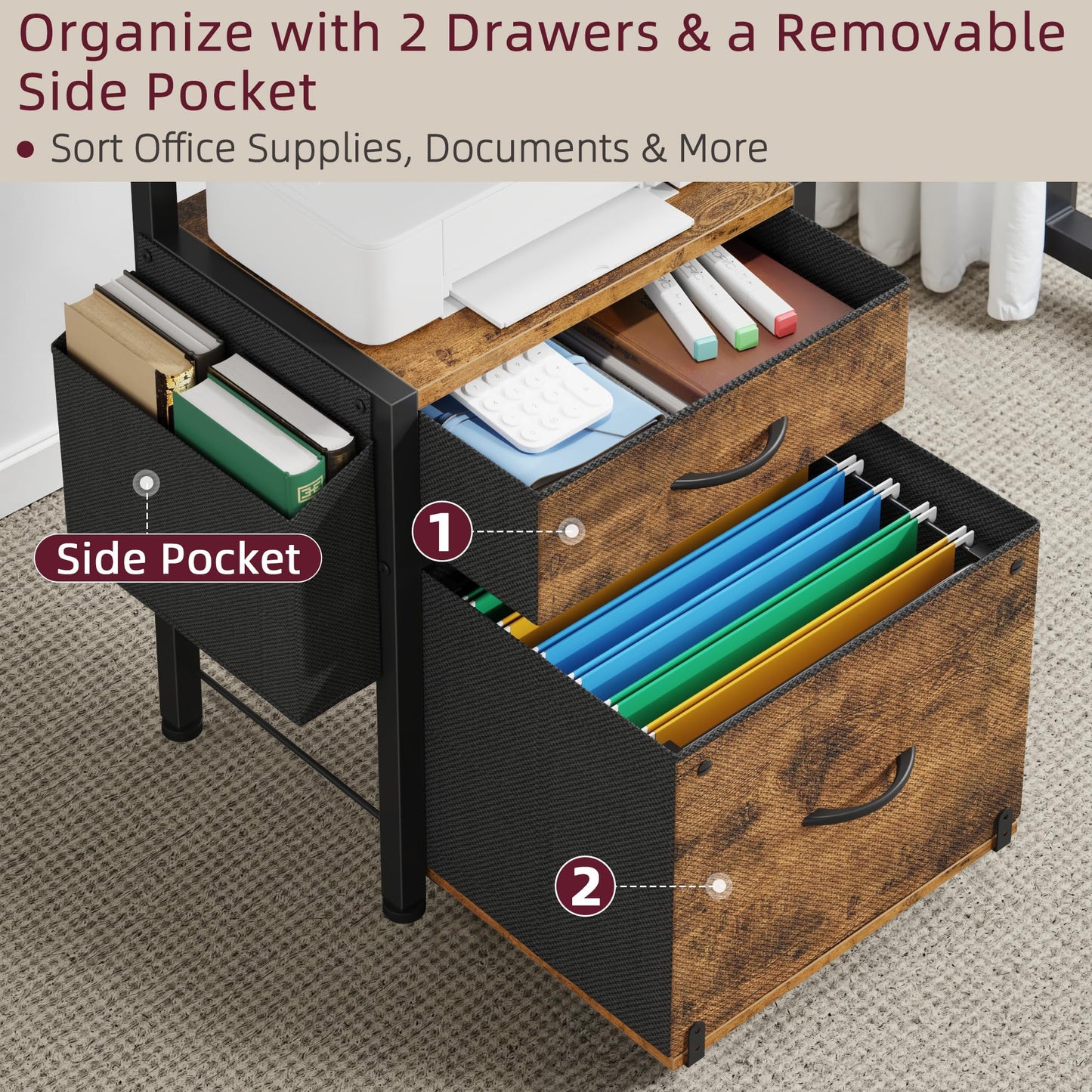HIGDBFE Filing Cabinet with 2-Tier Printer Shelves, 2 Fabric Drawers File Cabinet with Reversible Side Bag&File Drawer, Printer Stand with Storage for Home Office, Rustic Brown, 16.5" W