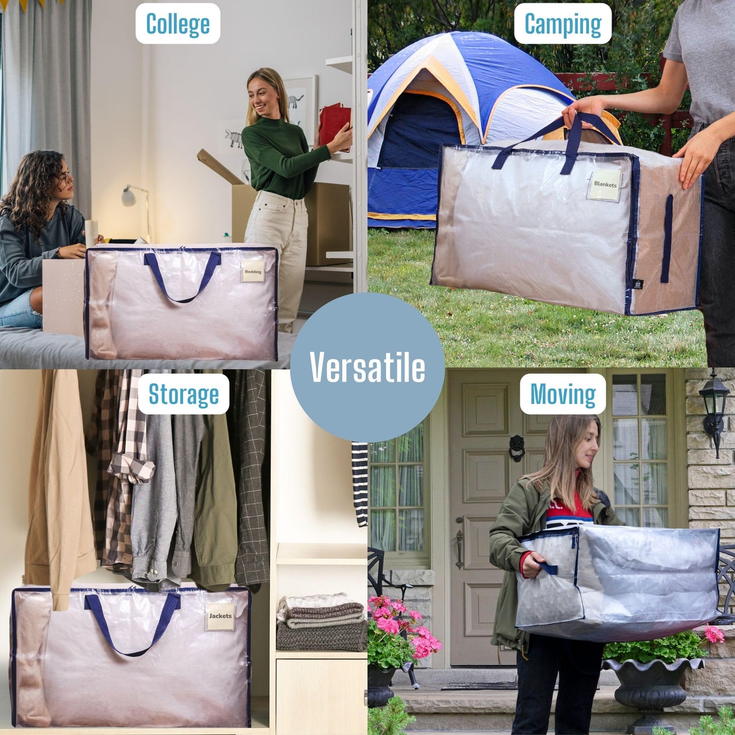 VENO Heavy Duty Extra Large Foldable Storage Bags with Zippers & Carrying Handles, Storage Containers Organizer Tote, Moving Boxes for College Dorm, Travel, Camping, Reusable (Clear, 10 Pack)