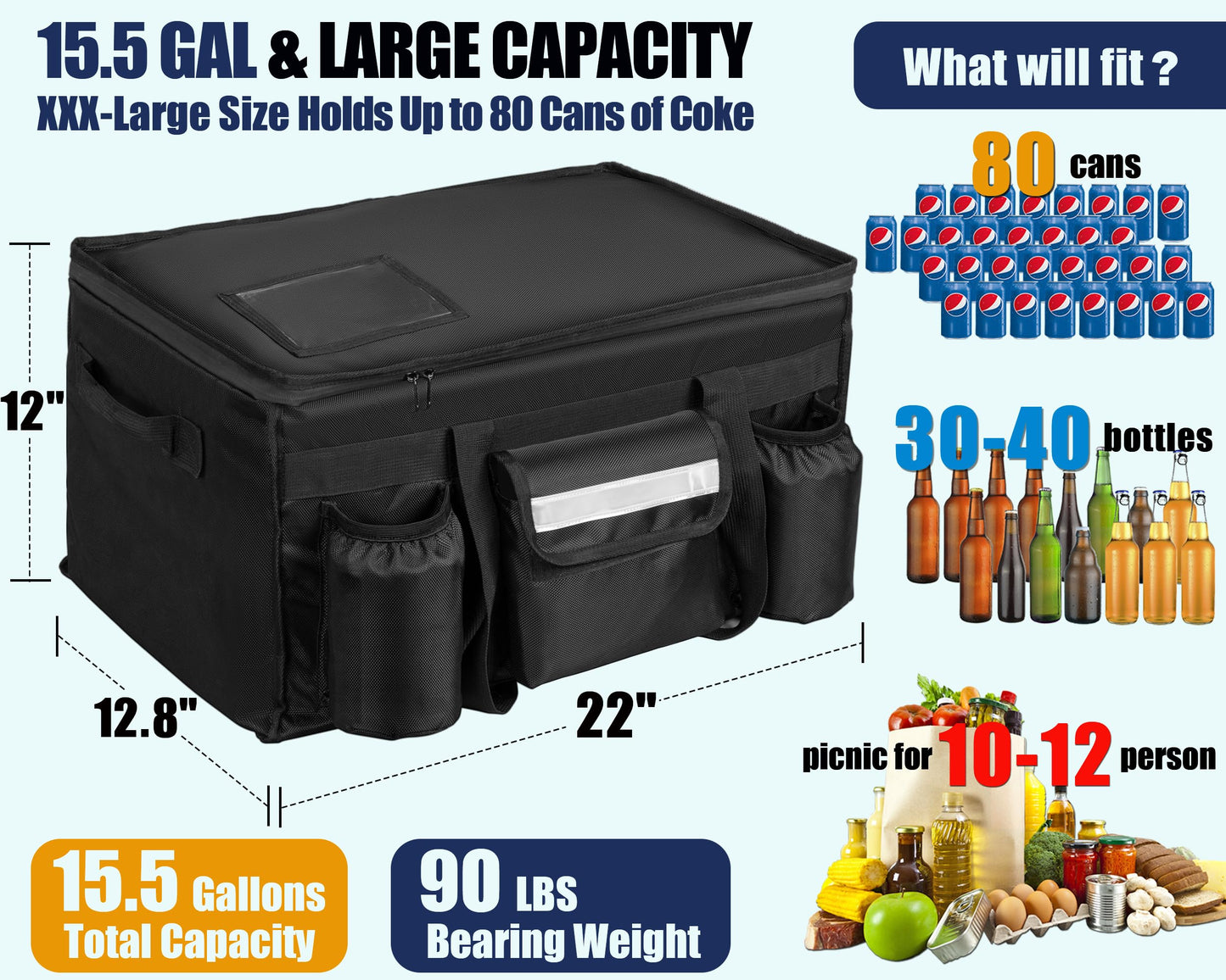 MyLifeUNIT 80 Cans Insulated Cooler Bag for Food & Pizza Delivery Bag Suitable for Car, Bike, Camping, Picnic, Beach
