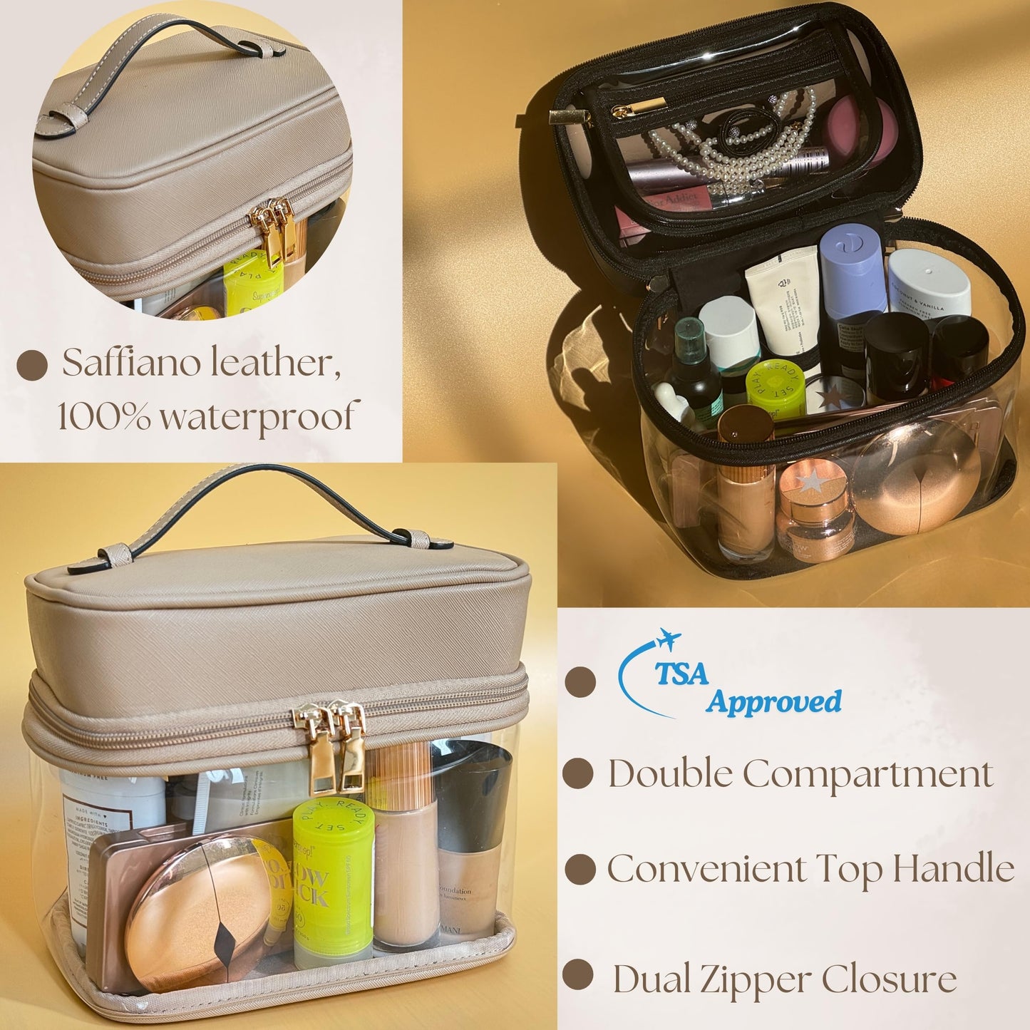 JAZD Clear Makeup Bag Toiletry Bag for Women Cosmetic Large Capacity Travel Make Up Bag Organizer Transparent Train Case TSA Approved, BEIGE, Tranparent Makeup Bag With Top Handle