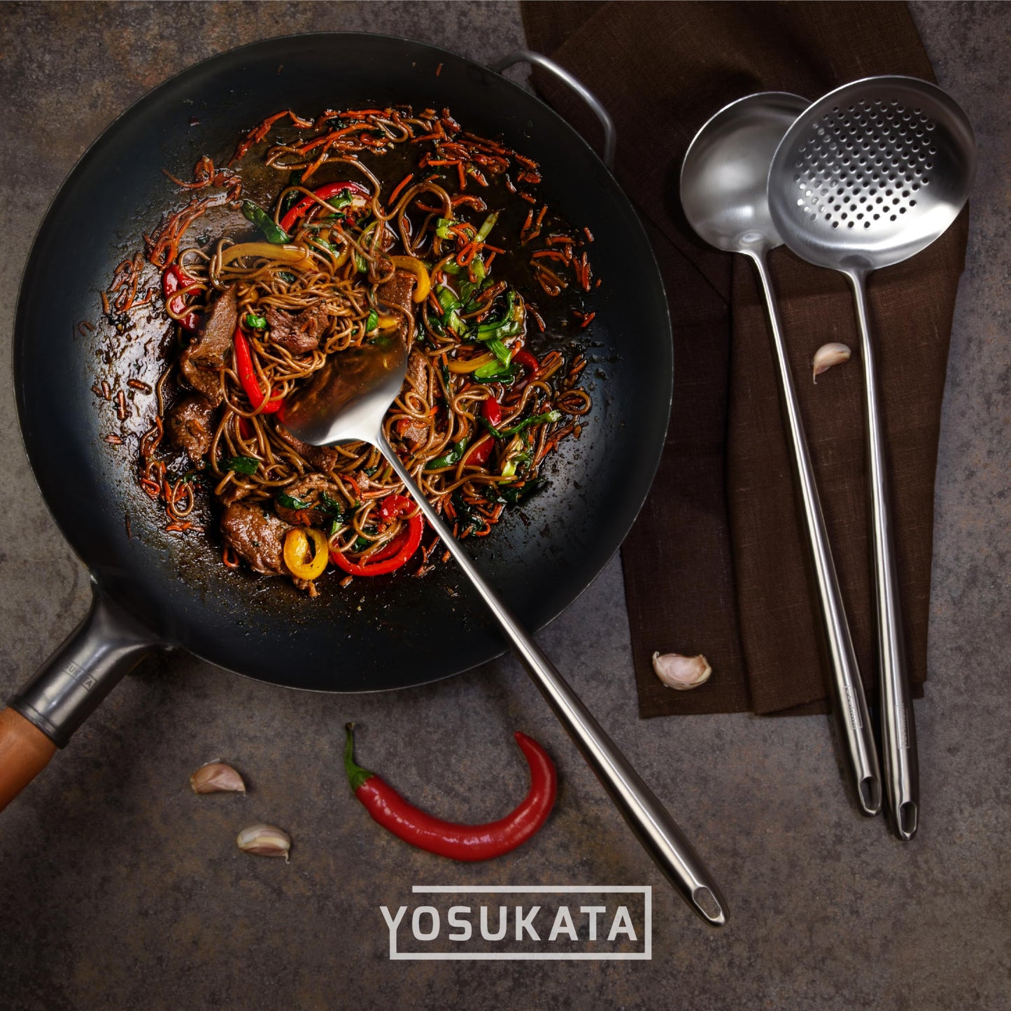 Yosukata 43 cm Wok Spatula and Ladle Skimmer Spoon - Stainless Steel Cooking Utensils Set of 3-304 Stainless Steel Kitchen Utensils Set - Dishwasher Safe Wok Accessories - Wok Utensils Cooking Tools…