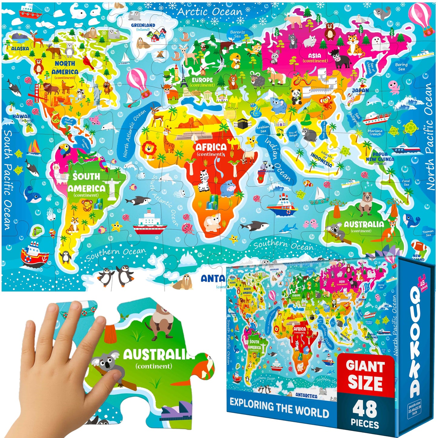 QUOKKA Giant Floor Puzzles for Kids Ages 3-5 - 2x3 Feet 48 Piece Puzzles for Kids Ages 4-8 - Educational Toys on Large Puzzles for Boys and Girls Ages 3-5 - World Map Toy Gift Activities