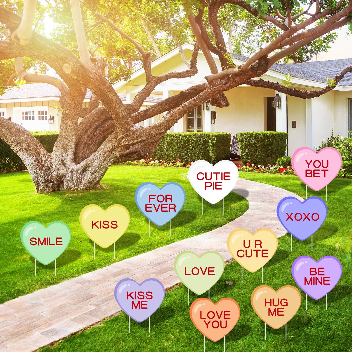 Arosche Valentines Day Yard Signs 12pcs with Stakes Candy Hearts Conversation Garden Decorations Outdoor Holiday Welcome Signs for Valentines Day Party Supplies, Lawn, Pathway Yard Decor
