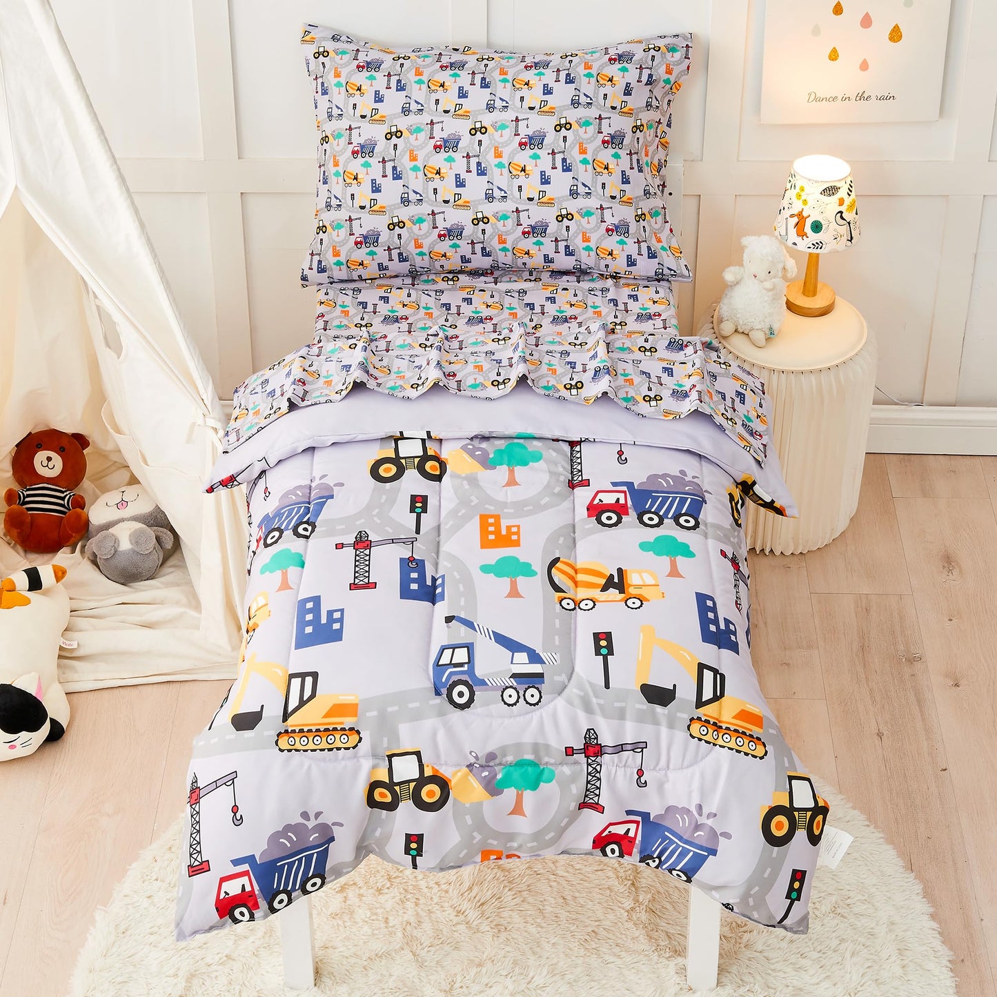 Lasoftan Construction Toddler Bedding Set for Boys, 4 Piece Bed-in-a-Bag Toddler Comforter Sets, Excavator, Cars Printed, Super Soft and Comfortable Microfiber Todeeler bed Set