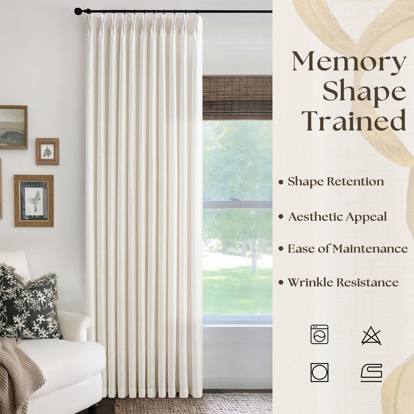 Extra Wide Linen Curtains 90 Inches Long 70 Inch Wide for Living Room Bedroom Light Filtering Cream Natural Pinch Pleated Curtains Neutral Boho Hooks Rings Back Tab Sliding Glass Door 70Wx90L 1 Panel