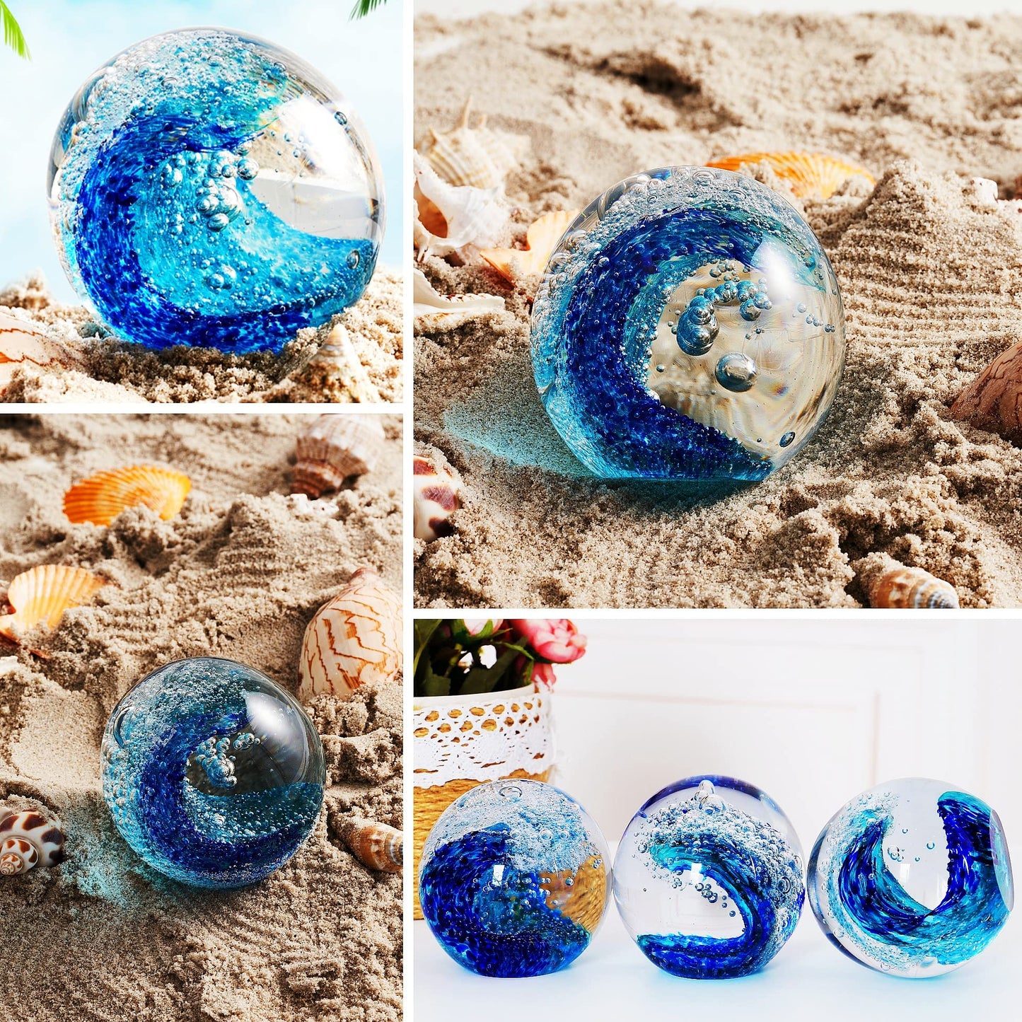 Hand Blown Glass Figurines Ball Ocean Waves,Paperweight Glass Ball,Home Decor Collectible,Aquarium Decor,Office Decor Ocean Lovers