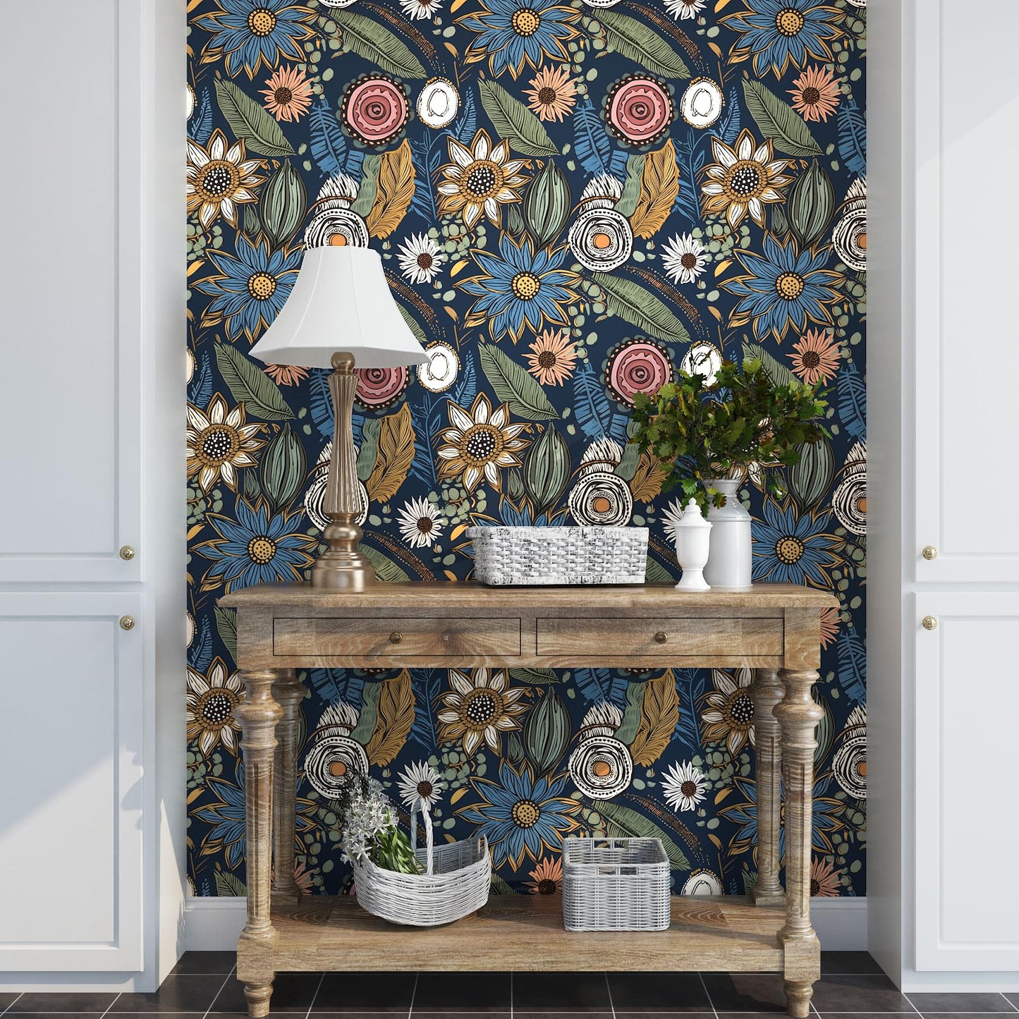Boho Wallpaper Peel and Stick,Vintage Floral Contact Paper 17.5" x 118", Retro Botanical Flower Wall Paper Self Adhesive Removable Waterproof for Walls Shelves Cabinet Table (Blue,Yellow, Green)