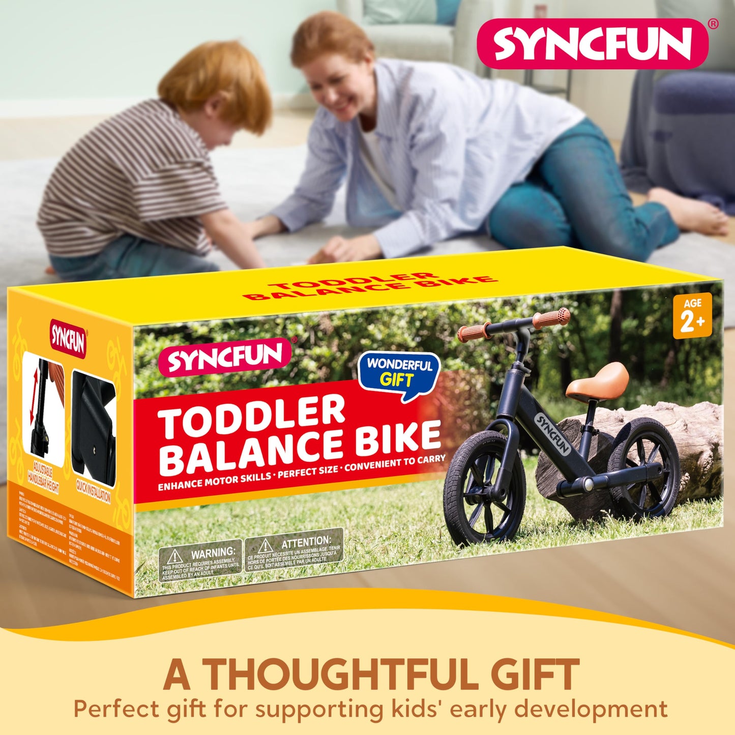 SYNCFUN Toddler Balance Bike, Toddler Bike for 2, 3, 4, 5 Year Old Boys and Girls, No Pedal Kids Bike, Toddler Gifts, Easy Adjustable Seat and Handlebar, Kids Toys for 2 Year Old
