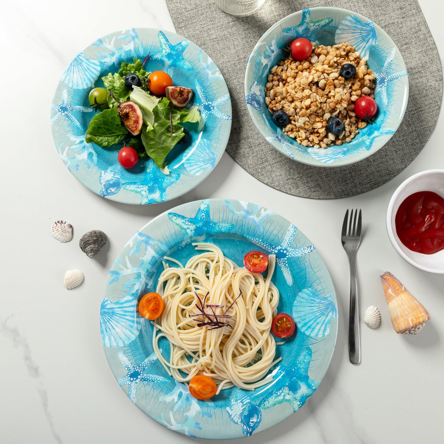 Melamine Dinnerware set, Unbreakable Plates and Bowls Set, Lightweight Chip Resistant 12 Piece Dishes Set for 4 Great for Camper, RV, Indoors Outdoors Use with Ocean Printed
