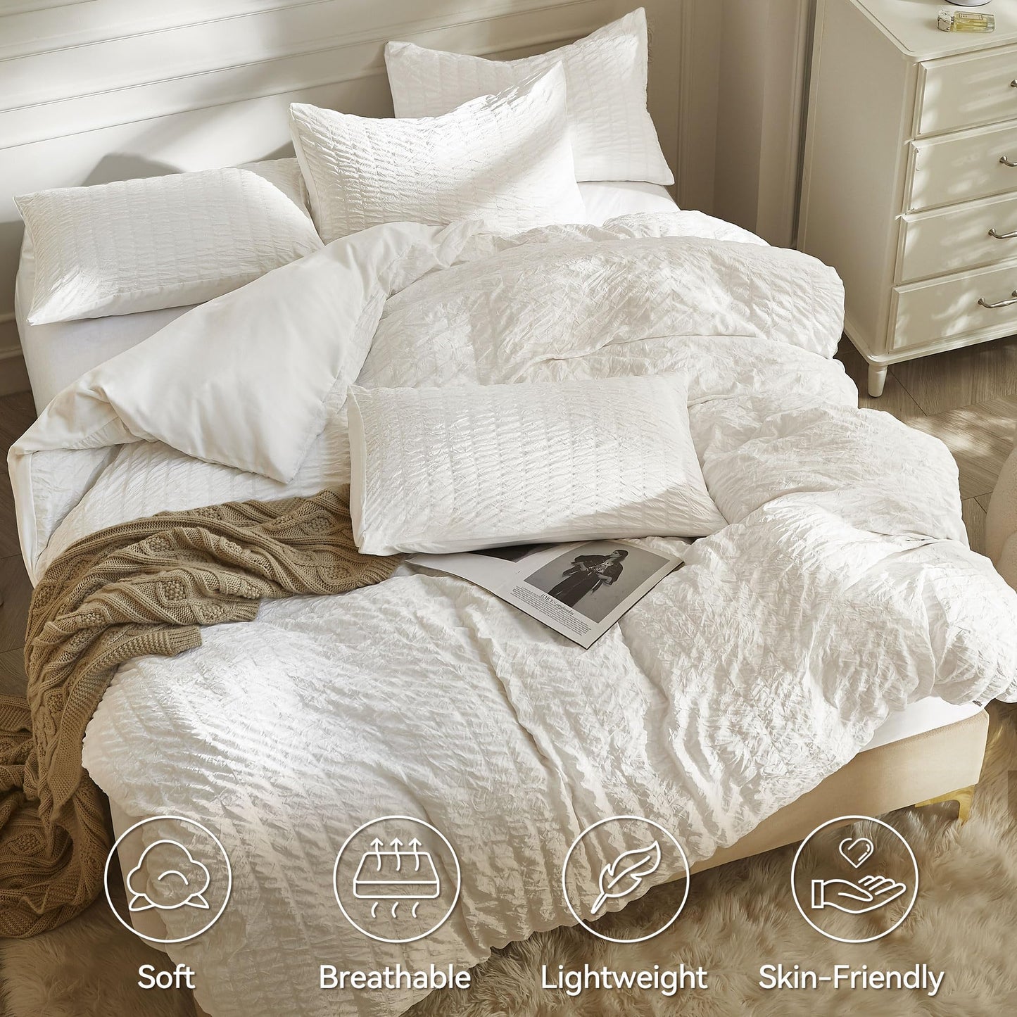 JELLYMONI White Duvet Cover King Size, 3pcs Washed Microfiber Bedding Set, Soft Breathable Seersucker Duvet Cover Set with Zipper Closure and Corner Ties for All Seasons