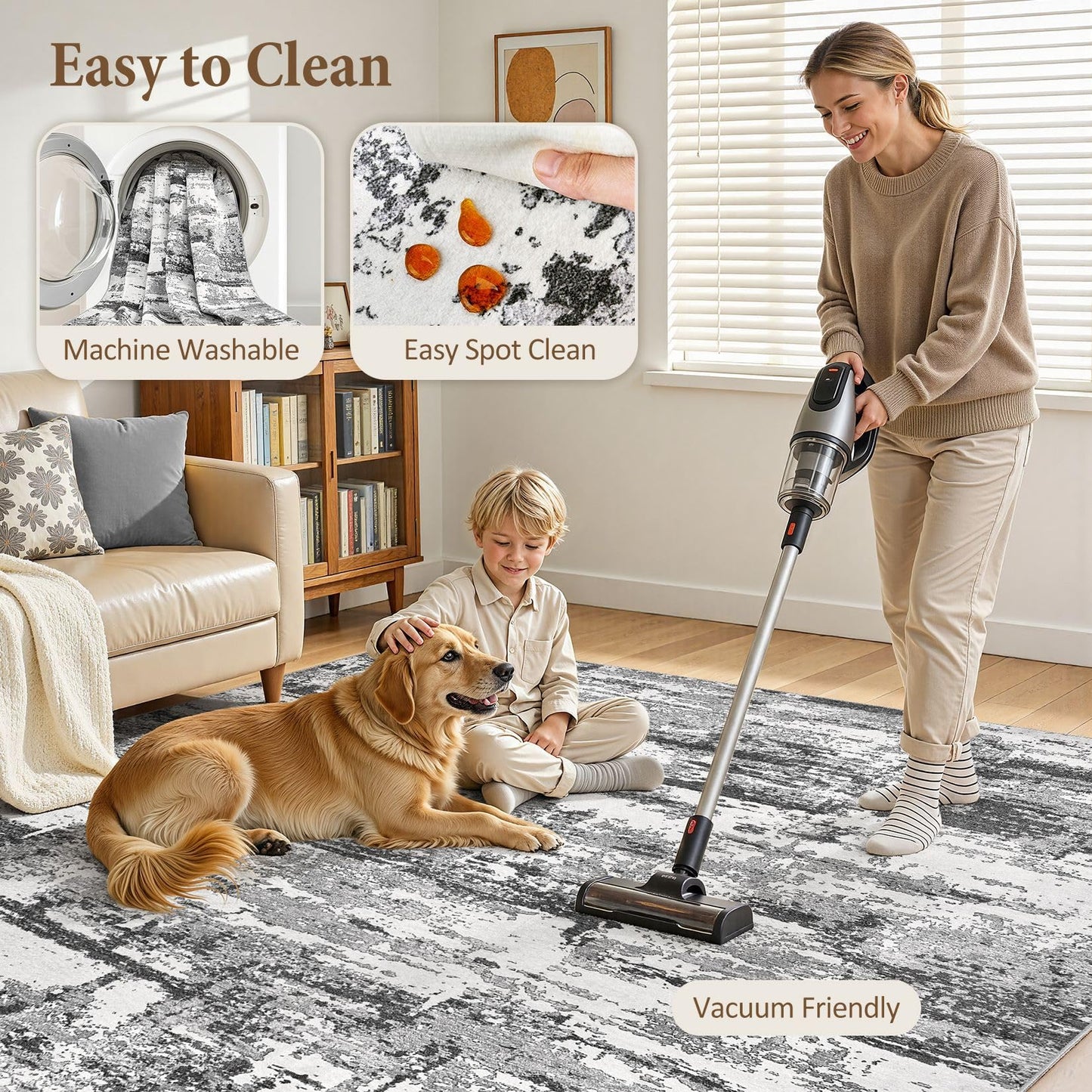 Area Rugs for Living Room: 5x7 Abstract Washable Rug Modern Neutral Large Soft Stain Resistant Non-Slip Backing Machine Table for Bedroom Dining Room Indoor Home Office Carpet - Black Grey