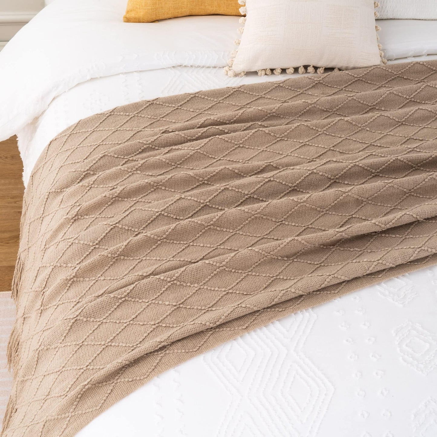 BATTILO HOME Beige Throw Blanket for Sofa Couch Office Living Room Home Decor Lightweight Textured Soft Cozy Knit Throw with Tassels Suitable All Seasons 50"x60"