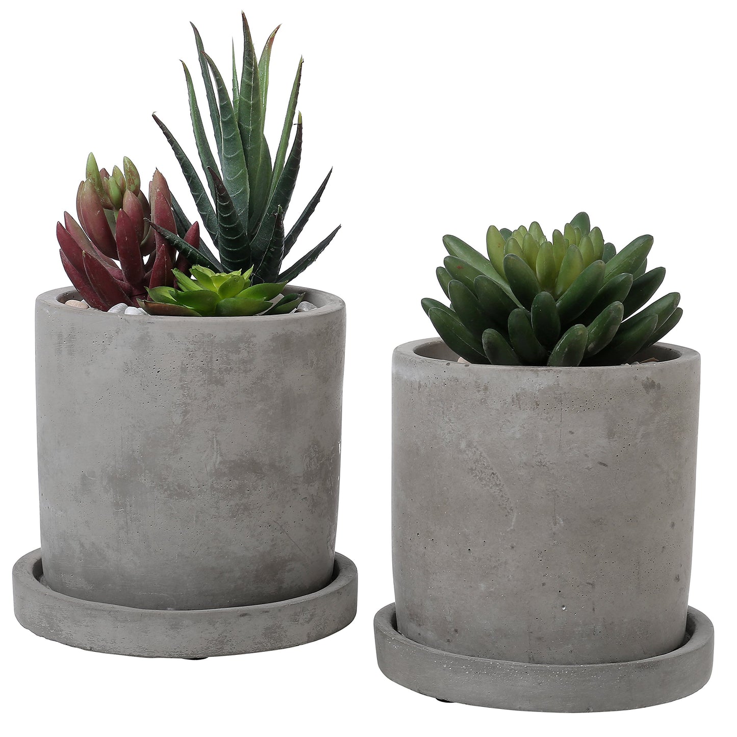 Set of 2 Modern 4-Inch Gray Unglazed Cement Succulent Planter Pots with Removable Saucer