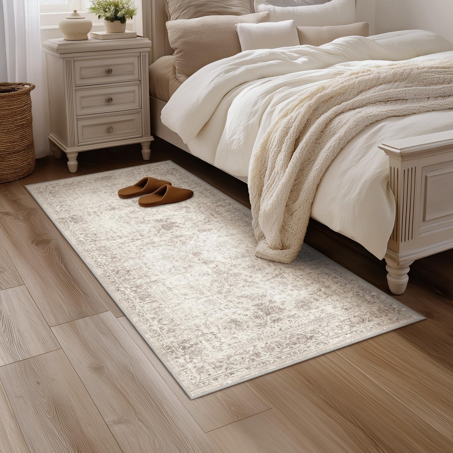 Fmfunctex 2x6 Hallway Runner Rug Beige Vintage Neutral Washable Non Slip Low Pile Traditional Entryway Indoor Carpet Soft Retro Tapis Salon for Kitchen Living Room Bedroom Bathroom Laundry Entrance