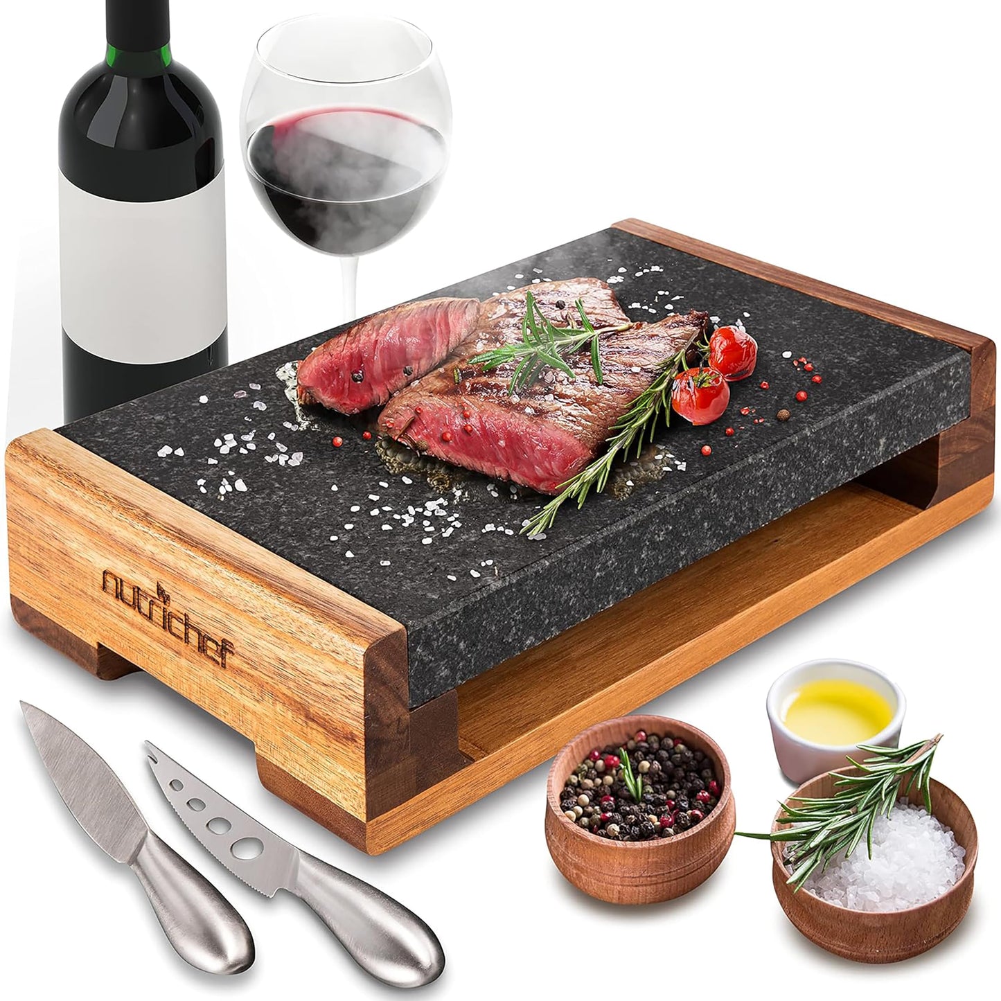Nutrichef Hot Stone Steak Serving Set – Natural Granite Cooking Stone with Wooden Tray, Keeps Food Hot Longer, Restaurant-Style Steak, Seafood & Appetizer Platter