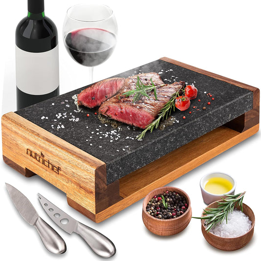 Nutrichef Hot Stone Steak Serving Set – Natural Granite Cooking Stone with Wooden Tray, Keeps Food Hot Longer, Restaurant-Style Steak, Seafood & Appetizer Platter