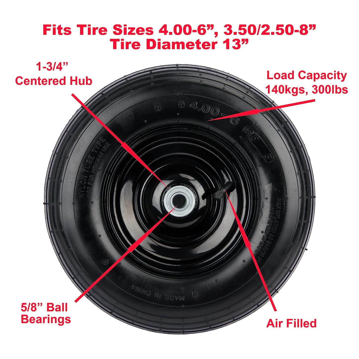 PEAKTOW PTW0004 Air Filled 13 Inches 5/8” Bearing 4.00-6” Universal Replacement Wheelbarrow Wheel Tire with Adapter Kit
