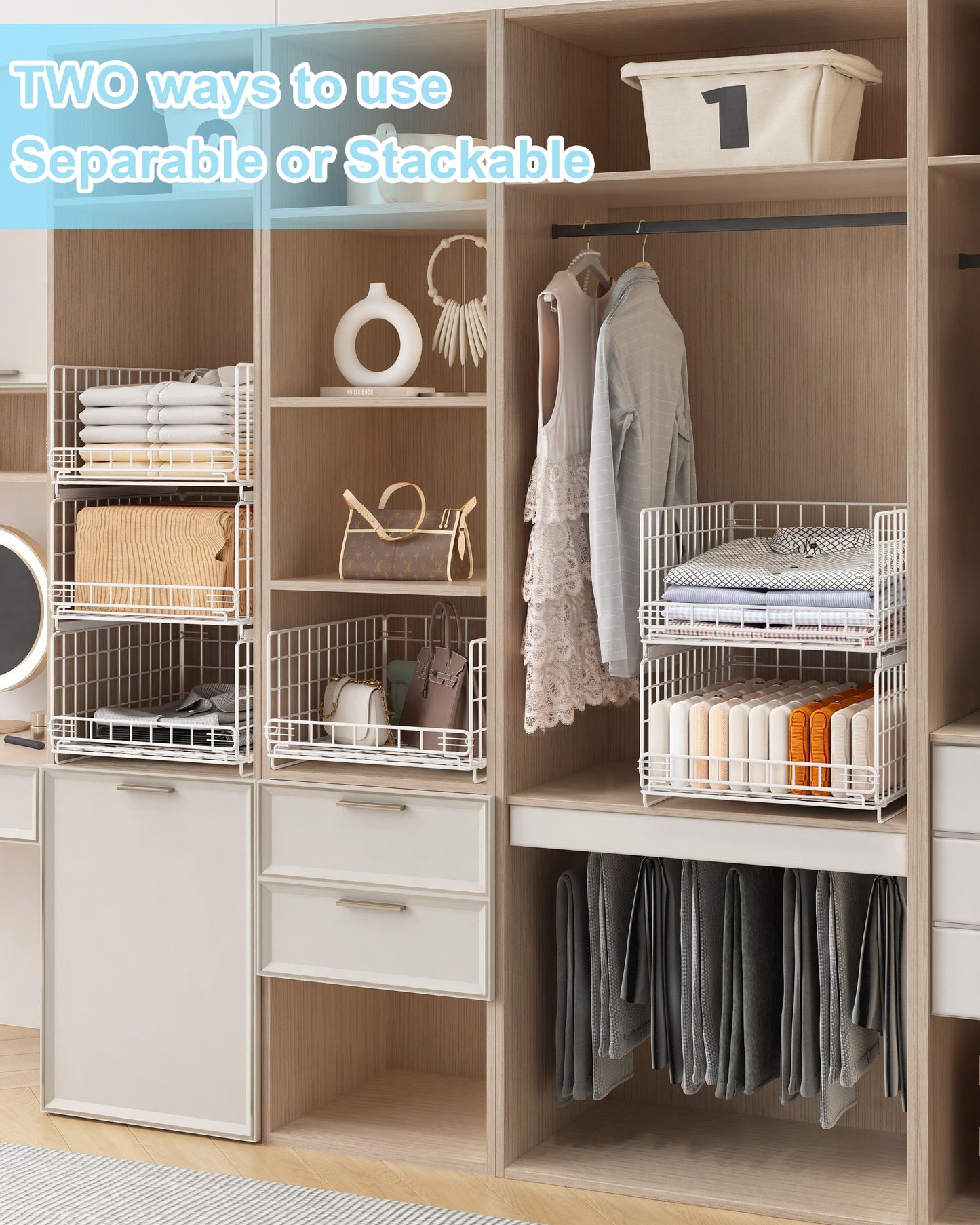 UMDONX 3 Pack Pull out Closet Storage Organizer Drawer Stackable Clothes Bins, Wardrobe Clothing Basket Rack Cupboard Cabinet Wire Shelf, Durable Metal White, Load 50LBS