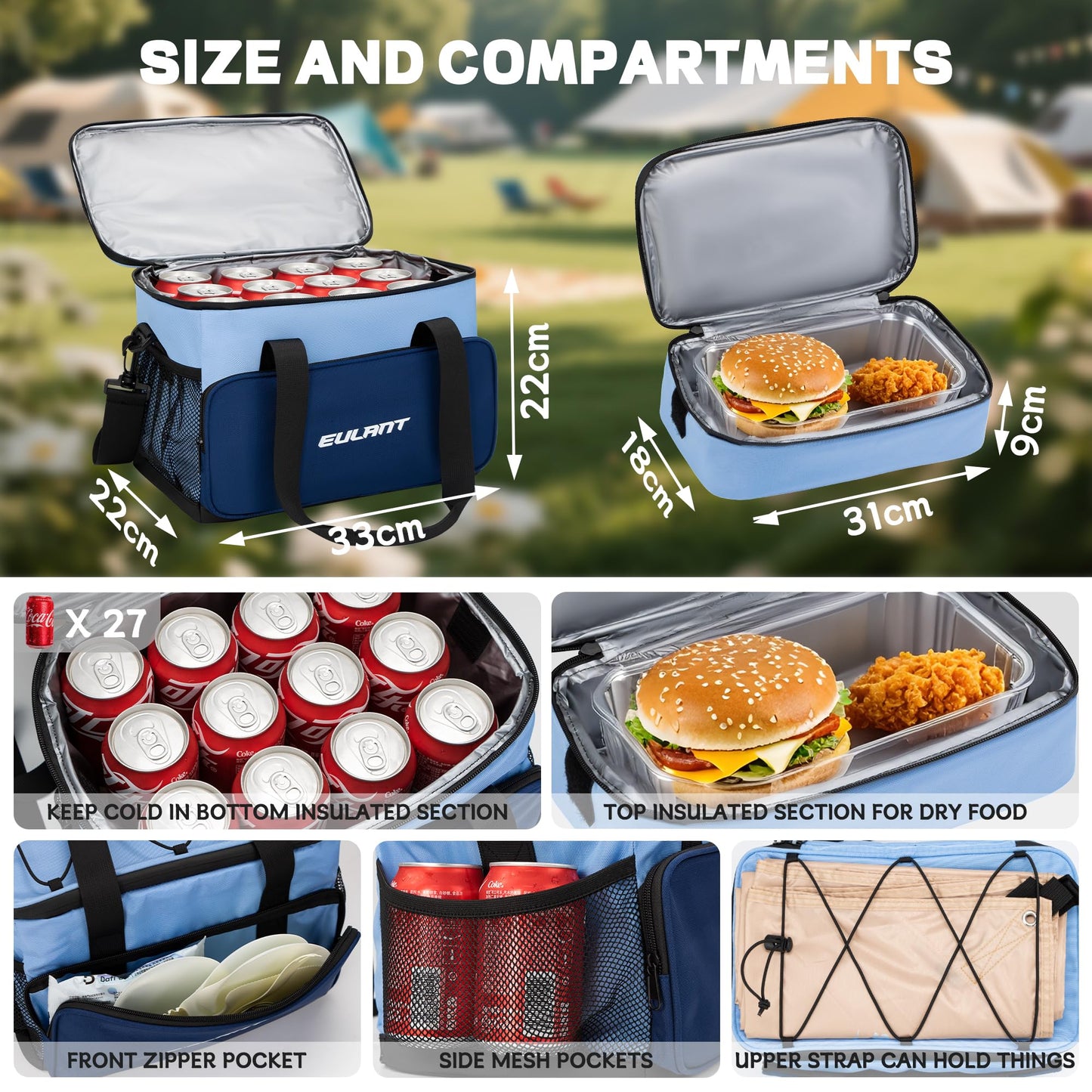 EULANT Large Waterproof Insulated Cooler Bag Lunch Bag Box,Collapsible Insulated Ice Chest Leak-Proof Cooler Bag for Men & Women Work Outdoor Beach Trips