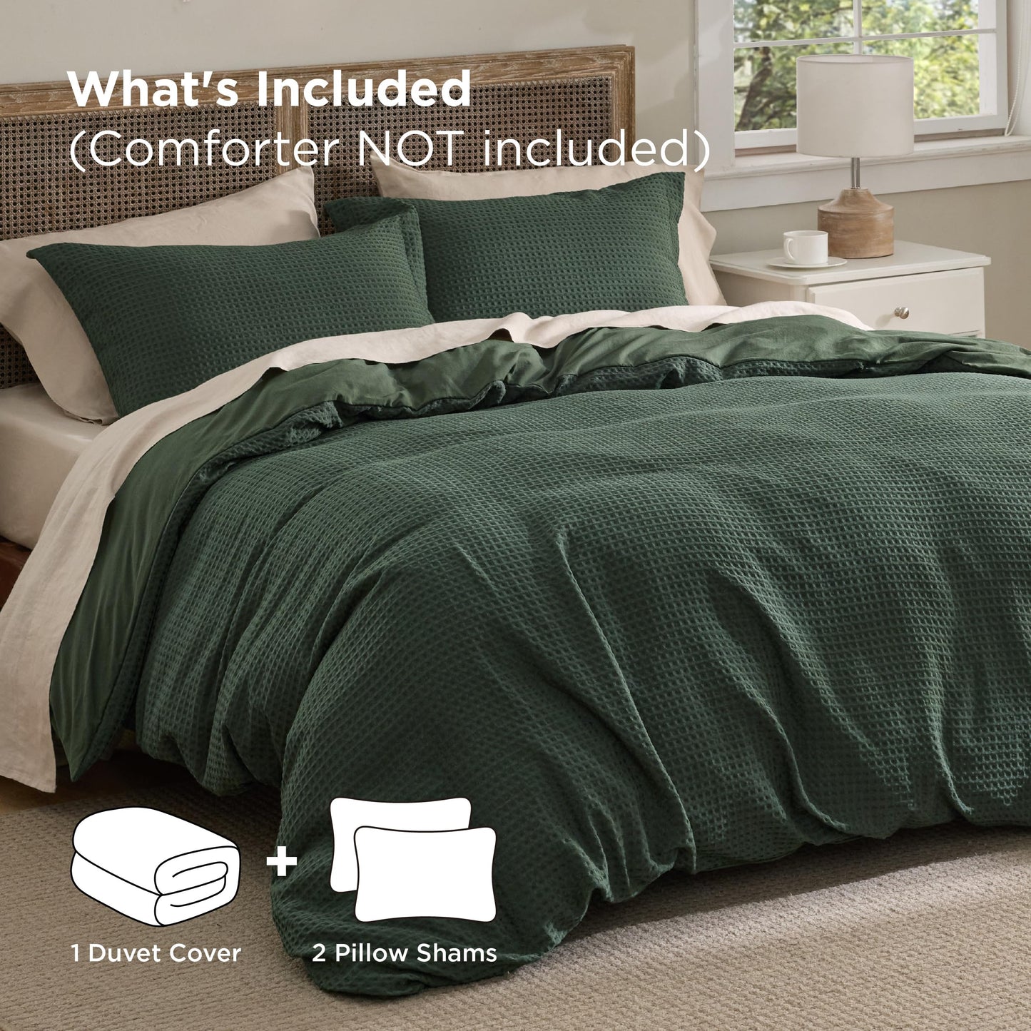 Bedsure Luxury Waffle Duvet Cover Queen Size - Textured Duvet Cover Set, Soft, Breathable Bedding Set (90"x90") with 2 Pillow Shams for All Season, Dark Green, Comforter Not Included