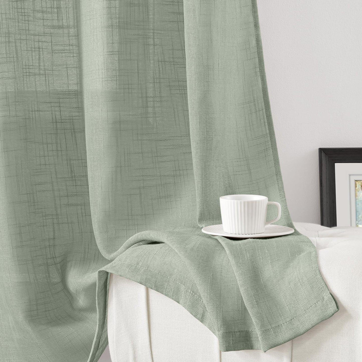 HOMEIDEAS Sage Green Linen Sheer Curtains 84 Inches Long 2 Panels Textured Semi Sheer Curtains Farmhouse Curtains Sheer Privacy Window Curtains for Bedroom Living Room