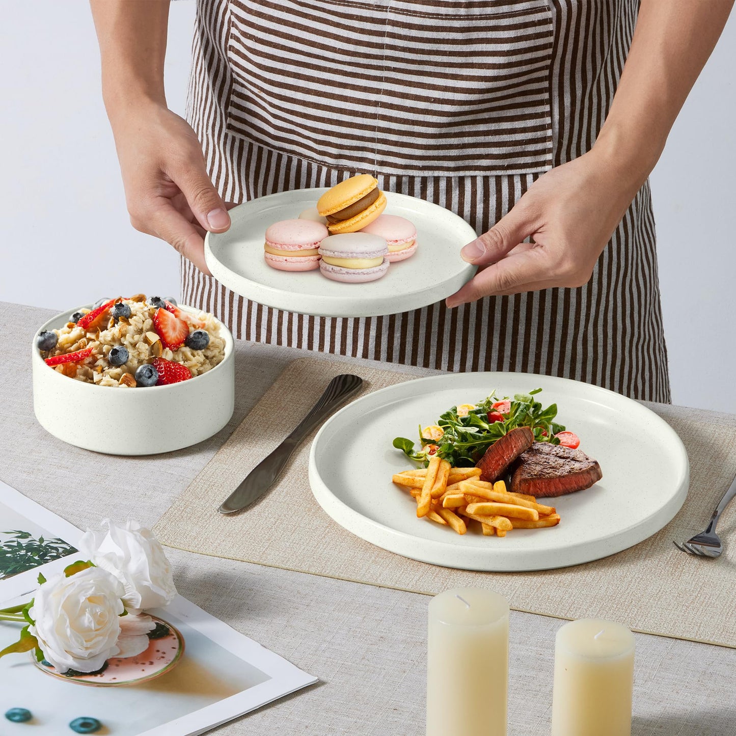 E-far 8-Piece Plates and Bowls Sets - Stoneware Dinnerware Sets with Pasta Bowls for 2 | Microwave & Dishwasher Safe Modern Dish Set, Speckled White