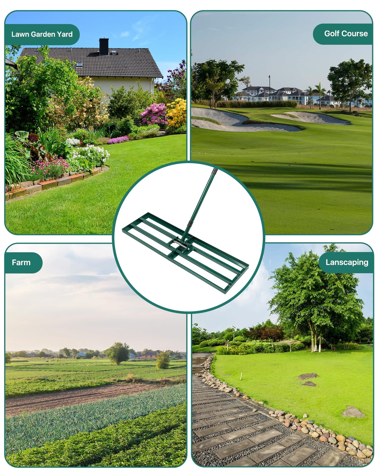 JivaJot Lawn Leveling Rake 30x10'', Yard Leveling Rake for Soil with Adjustable Handle, Stainless Steel Lawn Leveler Tool for Garden, Backyard, Farm, Golf Course