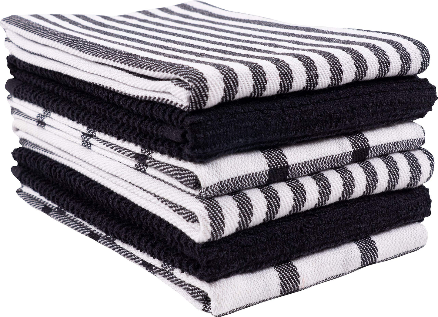 Flat Weave Tea Kitchen Towels - Set of 6 Towels 18 x 28 Inches, 4 Flat Weave Towels For Cooking & Drying Dishes, 2 Tea Towels For Spills & Kitchen Messes (Black)