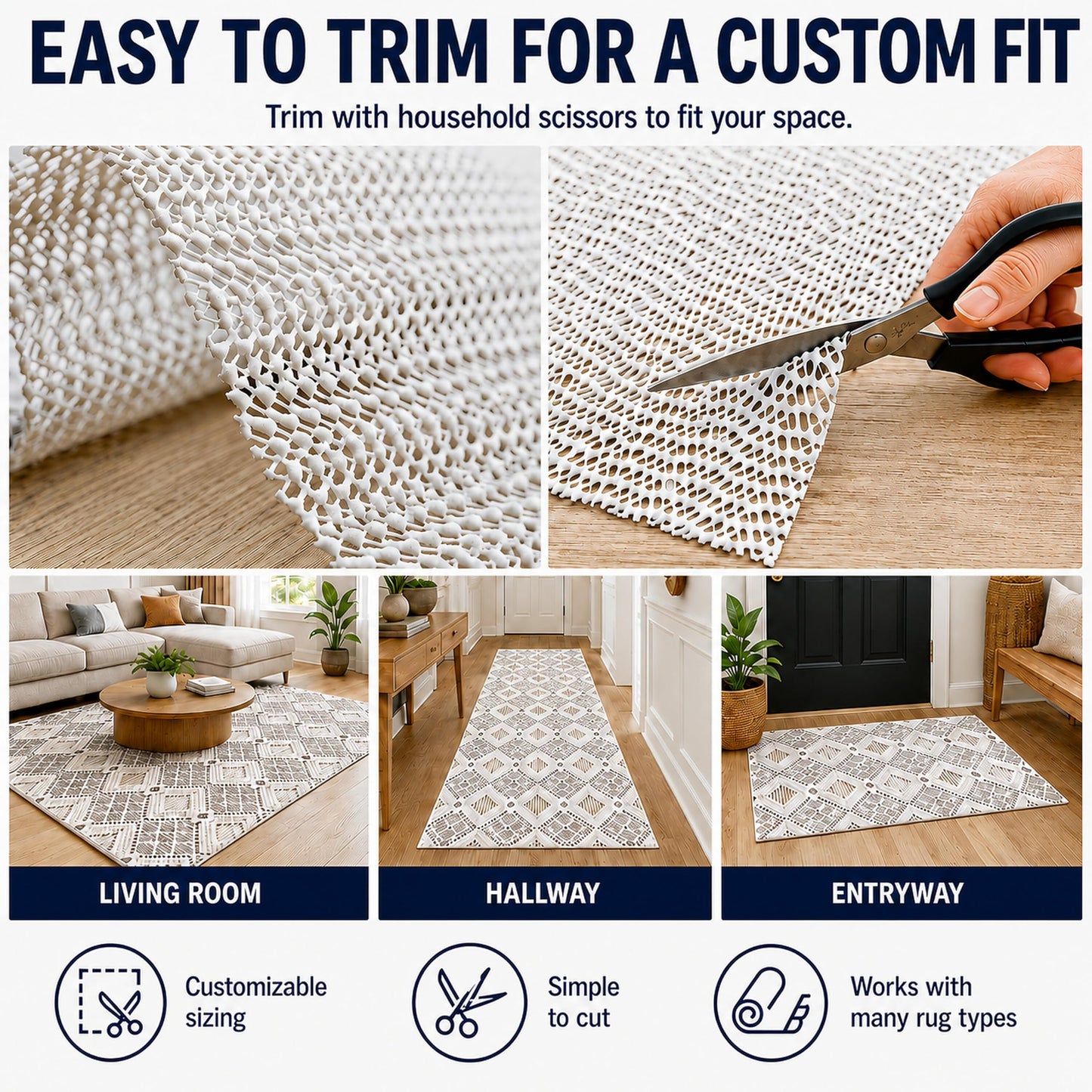 AG HOME 8x10 Non Slip Rug Pad for Area Rugs, 0.06" Thin Low Profile Gripper, Helps Keep Rugs Flat & in Place, Door & Robot Vacuum Friendly, Cuttable Anti Skid Mat for Hardwood, Tile & Laminate Floors