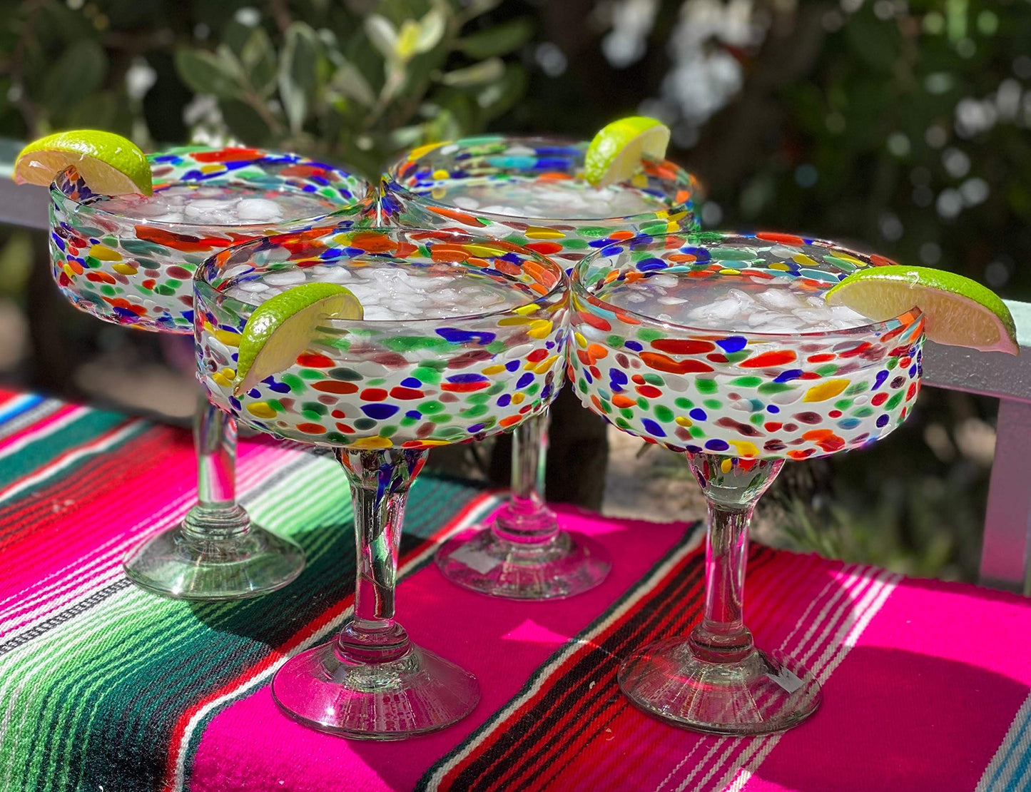 Mexican Hand Blown Glass – Set of 4 Hand Blown Margarita Glasses Confetti Rock (16 oz)