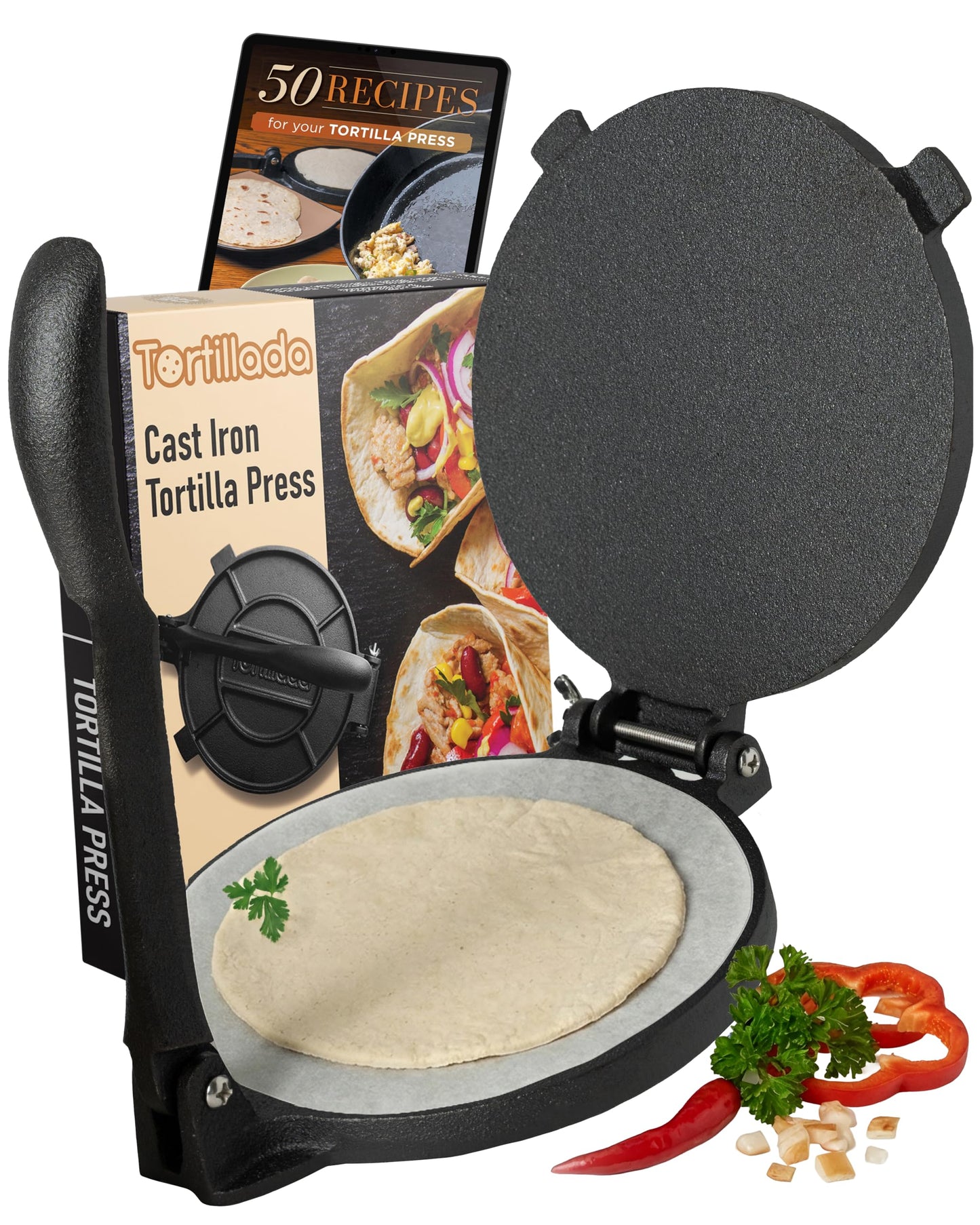 Tortillada – Premium Tortilla Press Cast Iron with Recipes E-Book (16 cm)