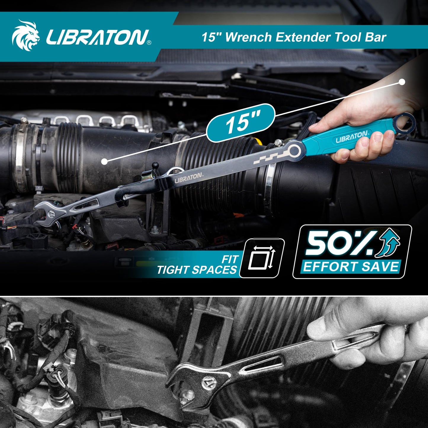 LIBRATON 15" Wrench Extender Tool Bar, Heavy Duty Universal Wrench Extender for Maximum Leverage, Torque Adaptor Extension for Automotive Repair & Mechanic, Extension Wrench with Non-Slip Grip