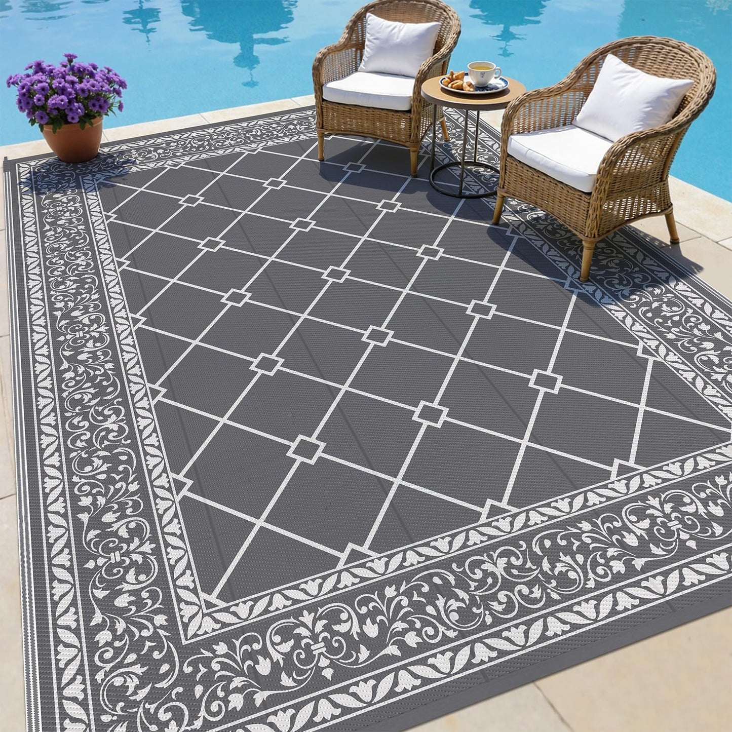 HEBE 5x8 Outdoor Rug Waterproof, Reversible Outdoor Area Rug, Portable Plastic Outside Rug Carpet, Geometric RV Camping Rug Mat for Patio Picnic Backyard Deck Balcony Porch Beach Trailer, Grey