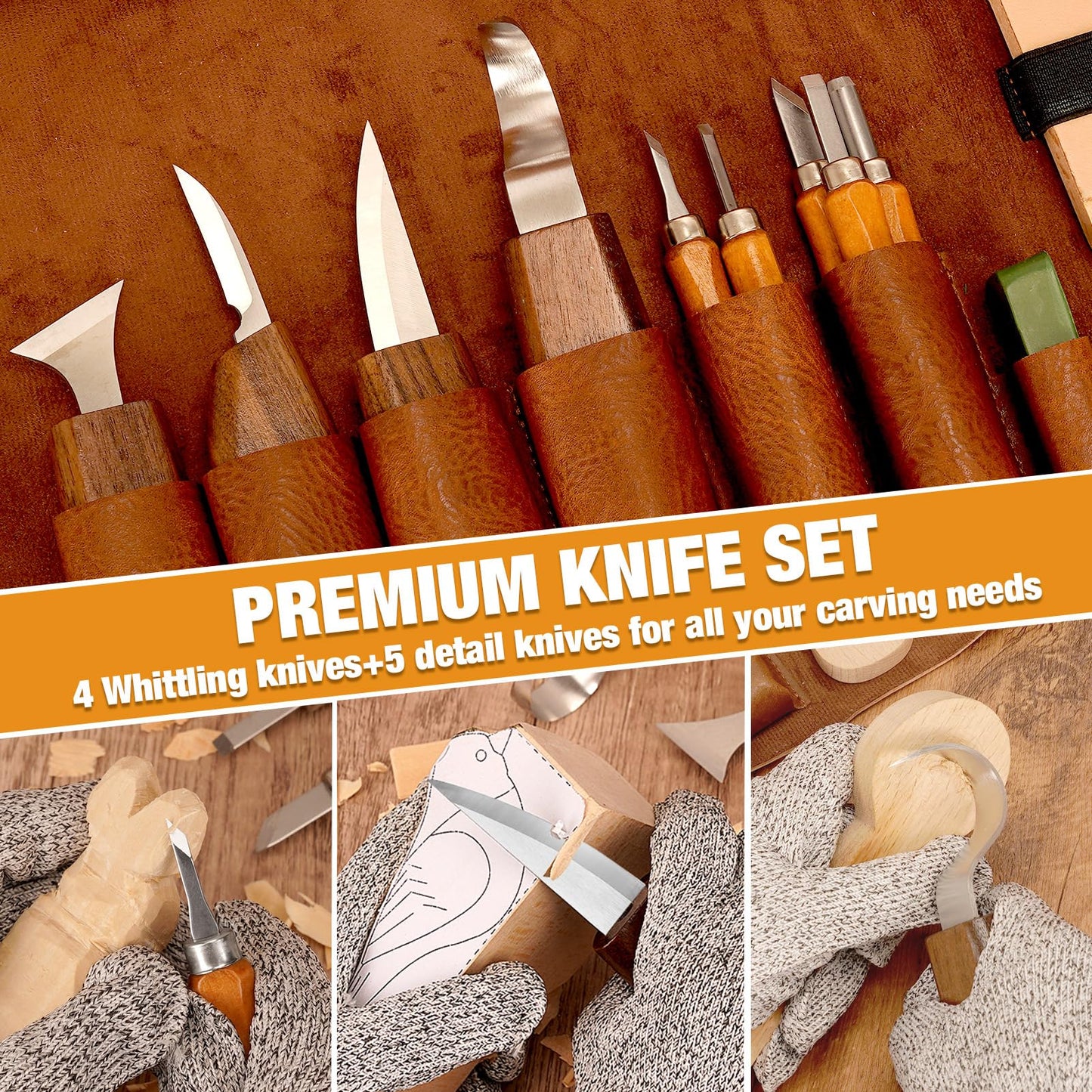 Wood Carving Kit, 24Pcs Wood Carving Tools with PU Storage Bag, Wood Whittling Knife Kit with 4pcs Templates & 6pcs Basswood Blocks for DIY Beginners