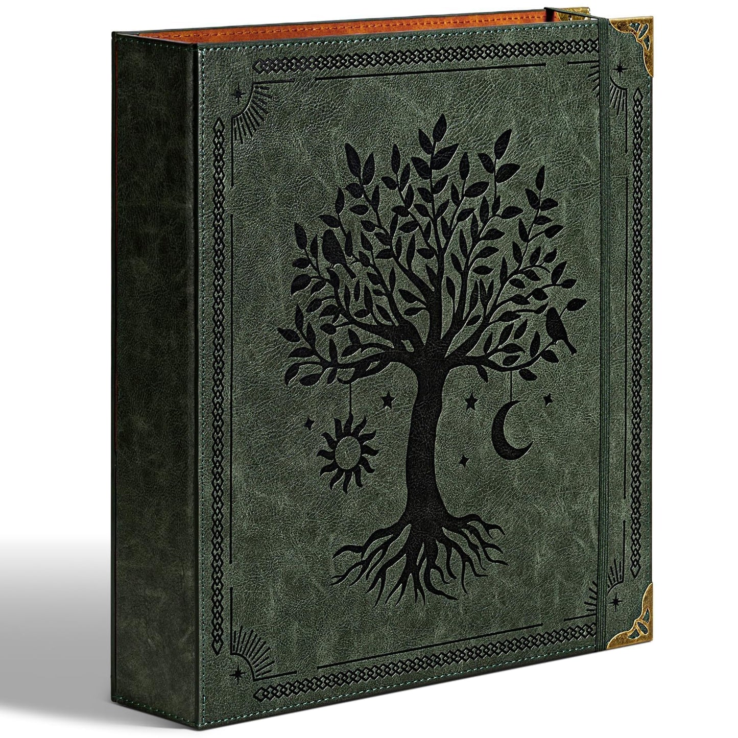 Ovesmusl Leather D Ring Binder Fits 8.5"x11" Letter Size Paper, 2 Inch EZD Ring Binders Holds 550 Sheets, Notepad Paper Cover Loose Leaf Organizer with Inner Pockets, Green Tree