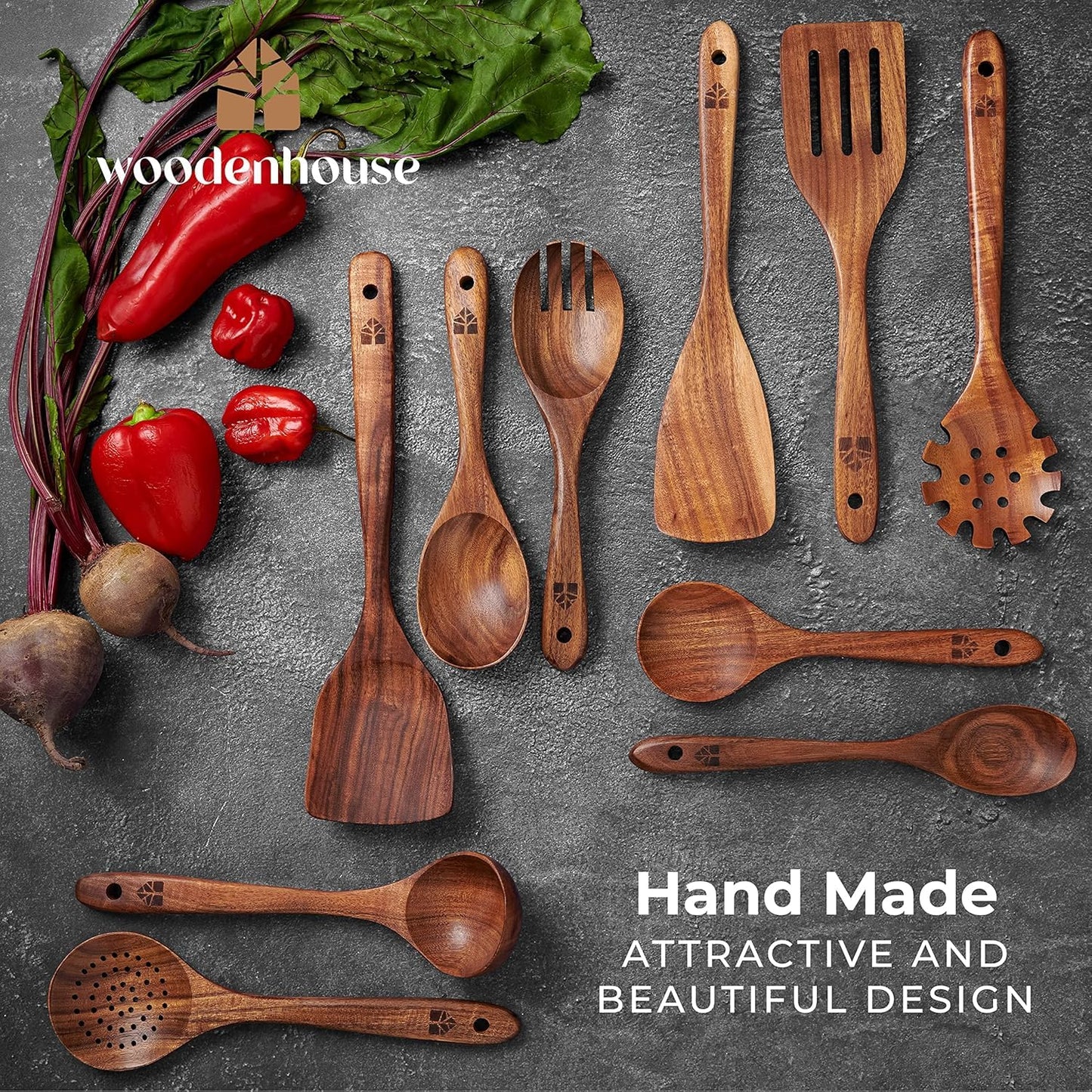 Wooden Spoons for Cooking, Kitchen Utensil Set, 10 Pcs Cooking Utensils Set for Nonstick Pans & Cookware – Study Teak Wood, Lightweight & Heat Resistant