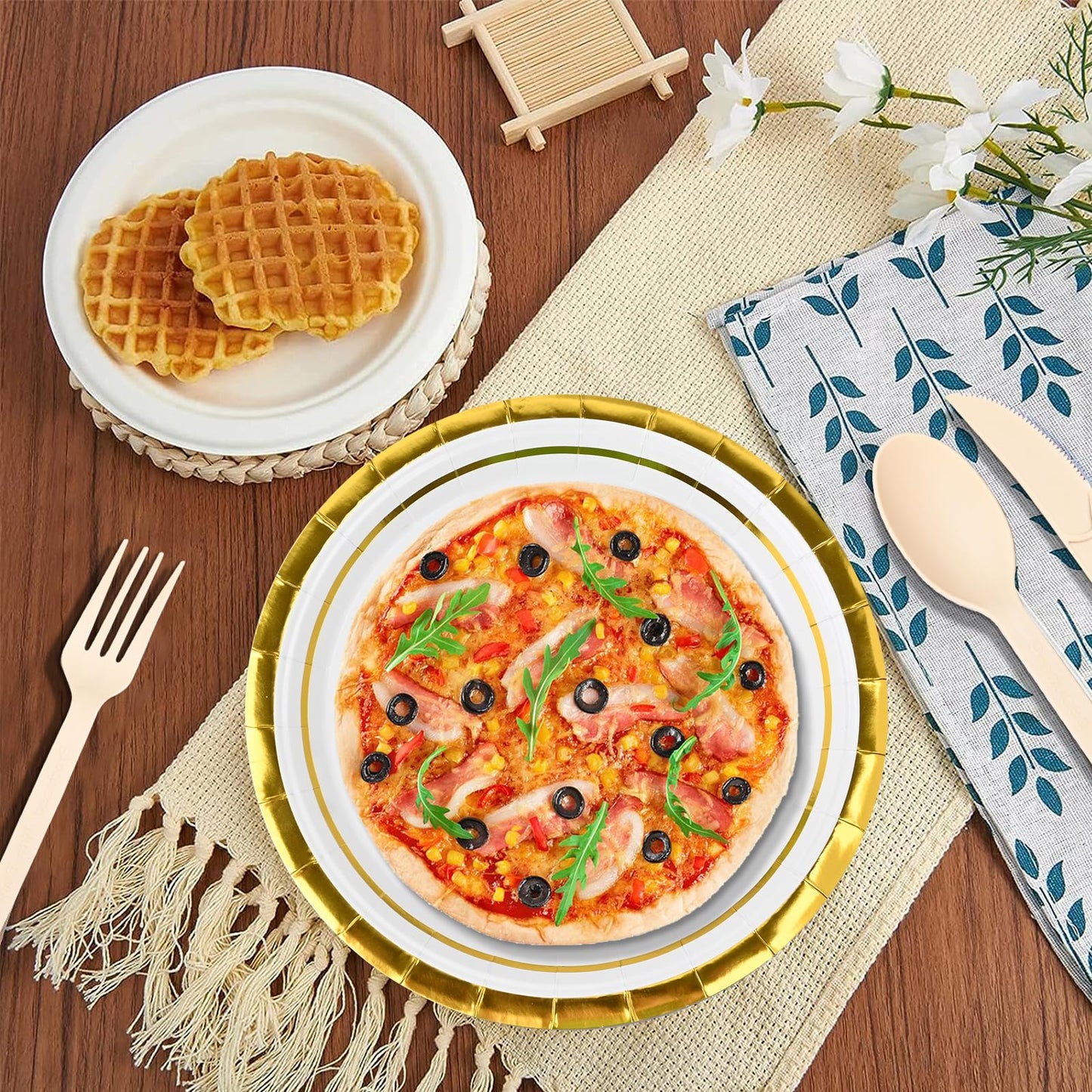 350 Pieces Gold Rim Party Supplies - Disposable Dinnerware Set Include 50 Dinner Plates, 50 Dessert Plates, 50 Cups, 50 Napkins and 50 Cutlery Set for Wedding Baby Shower Engagemen Christmas Party