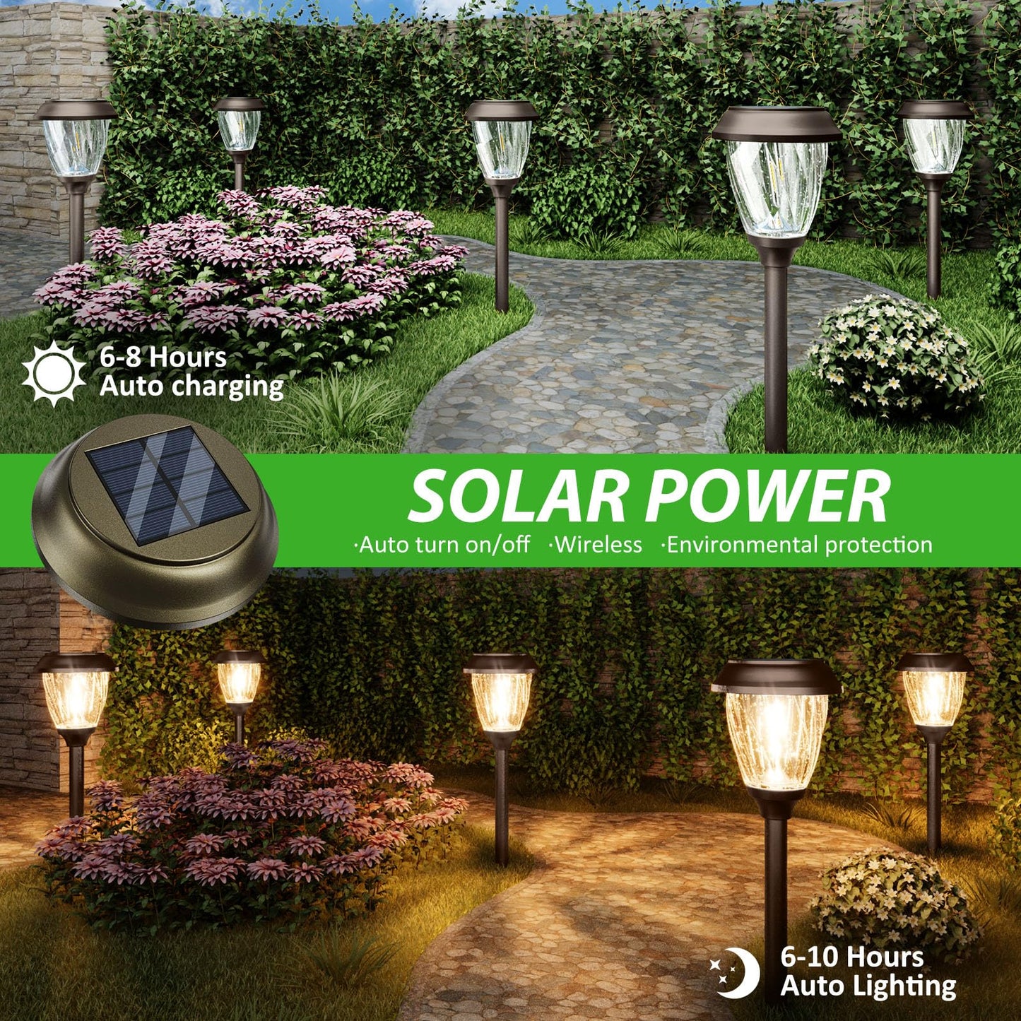 XMCOSY+ Solar Lights Outdoor 10/25 LM LED with 2 Lighting Modes, Solar Garden Lights Glass and Metal, IP65 Waterproof Solar Powered for Yard Pathway Walkway Driveway Patio (6 Pack, Warm White)