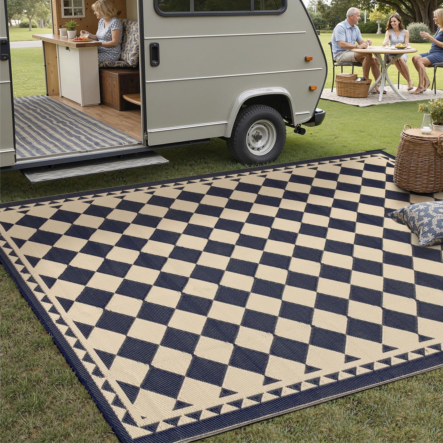 PureCozy Outdoor Carpet 5x8 Patio Waterproof Non Slip Outdoor Rugs Reversible Plastic Straw Portable Boho Checkered Tapis Mat for RV Deck Camping Entryance Porch Picnic Balcony Beach