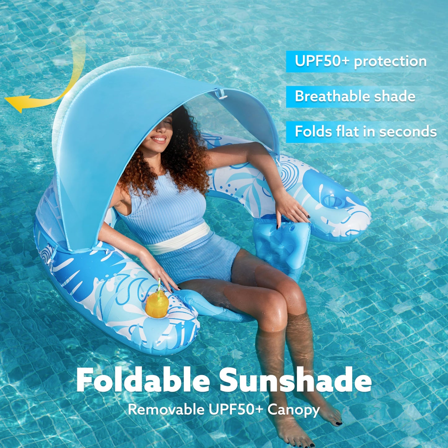 Sloosh Pool Floats with Canopy Adult,XL Inflatable Pool Lounge Chairs with Cup Holders,Floating Chair for Adults,Inflatable Floaties with Headrest for Party Beach Summer Water Fun,Blue